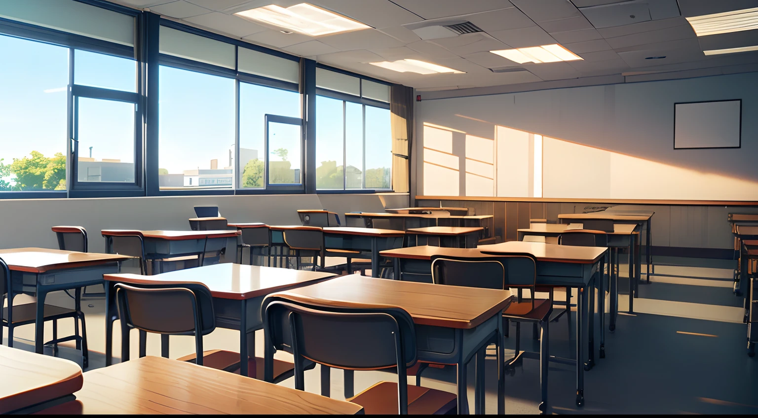 junior high school students, classroom, wooden tables and student chairs, windows,(anime style),(CG), atmospheric perspective, masterpiece,((from side)), accurate, ((best quality)), high quality, super detail, high details, anatomically correct, highRes, 1080p