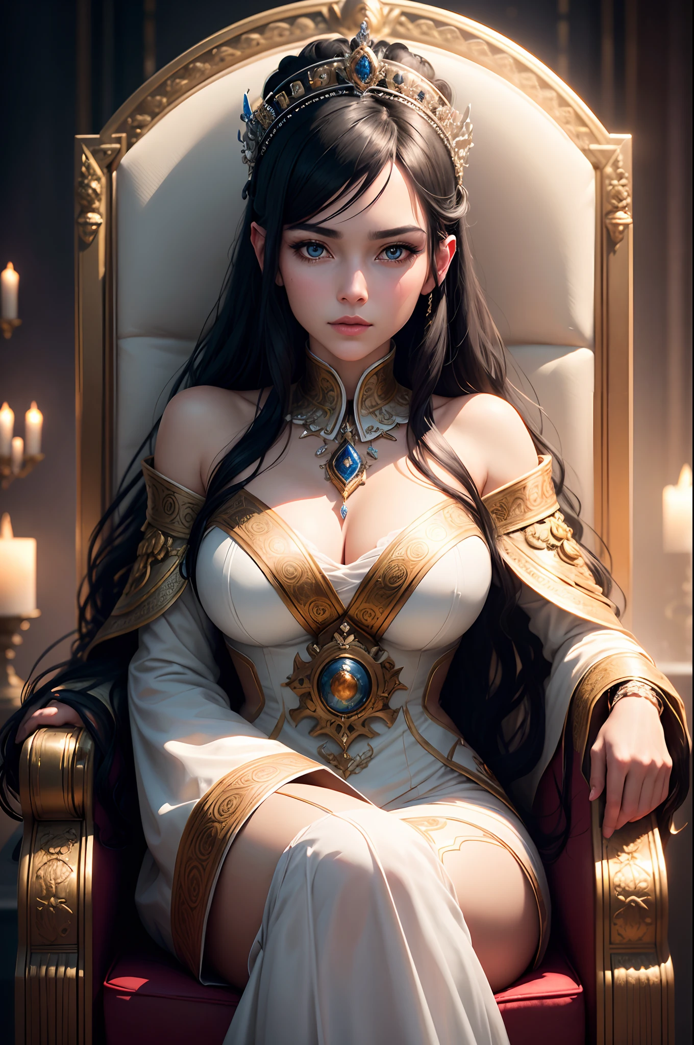Breathtakingly beautiful portrait of a mature empress featuring symmetrical eyes and face, sitting in a throne,Black hair wave,White luxurious empress costume,Rendering in 8k using Octane rendering technology. The artwork is a masterpiece of intricate art, With spectacular cinematic quality and smoothness, Sharp details. Lighting is carefully crafted in a studio setting, It will be an ultra-realistic image showing the artist's proficiency. Works that are talked about at the art station. artist name: Oleg Shcherba, John K. Vollmer, Einar Martinsen