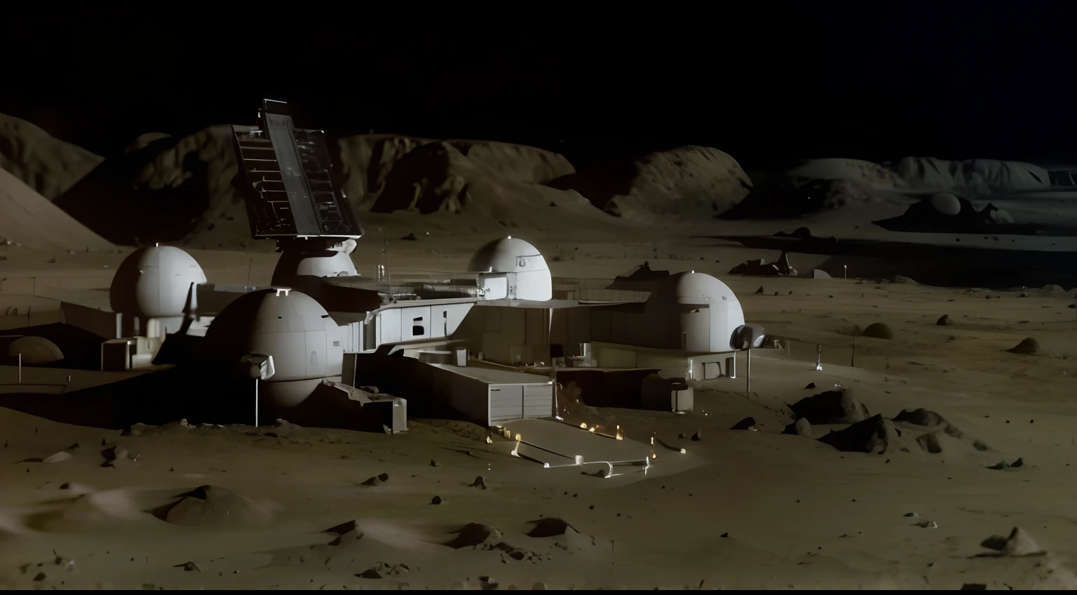 Moon base with spacecraft landing site, montanhas ao fundo