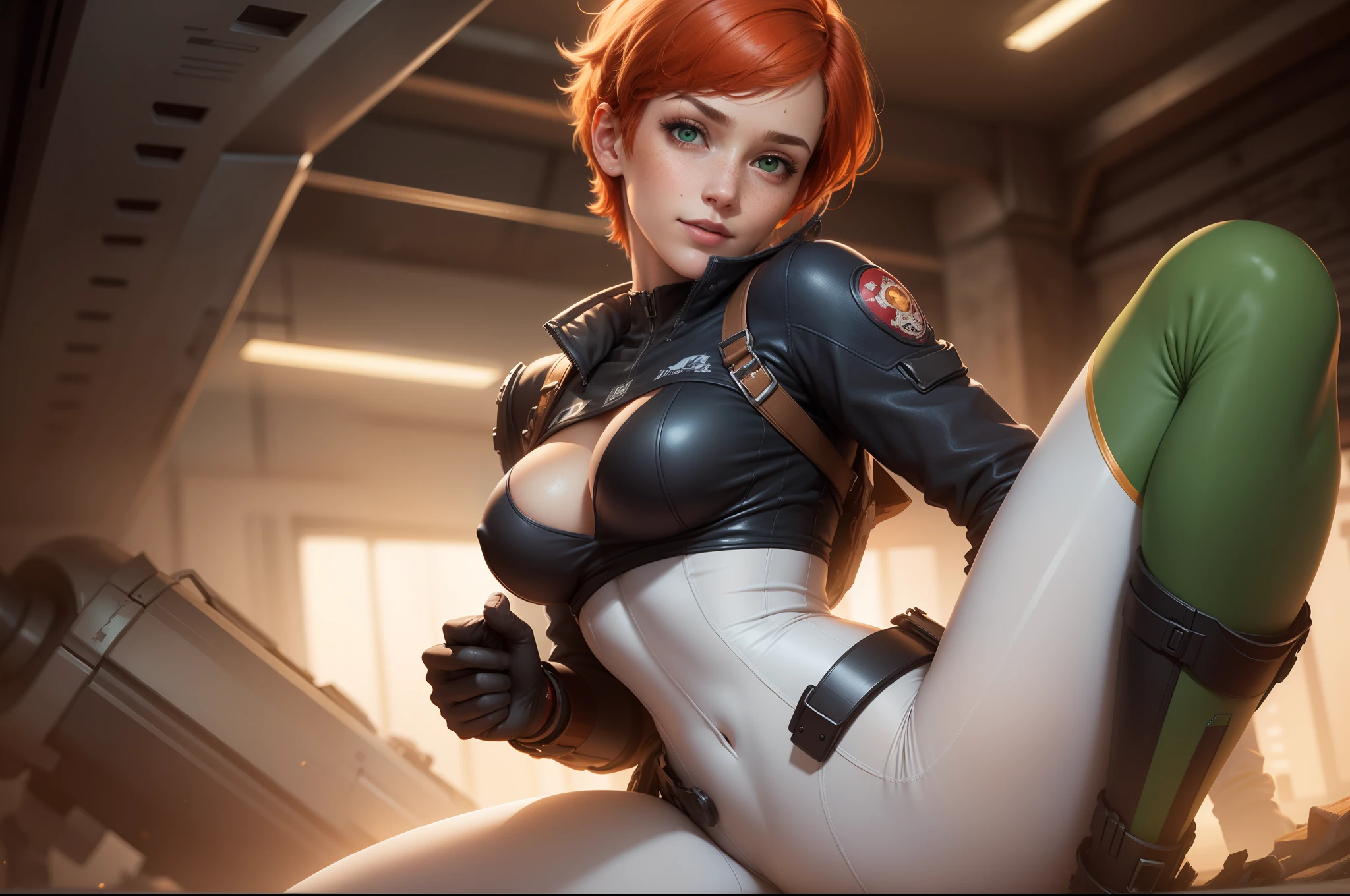 gwen tennyson,tracer,samus,rebecca chambers,overwatch,gundam,1girl,close up,mecha pilot,space port,mecha space suit,space marine,pirate corset, white long sleeve lycra top,wet shirt,white leggings,short hair,war makeup,green eyes,orange hair,hair highlights,shy smile,freckles,redhead,beautiful girl,large breasts,ultra detailed,realistic,fantasy art, ass up,ass close up,