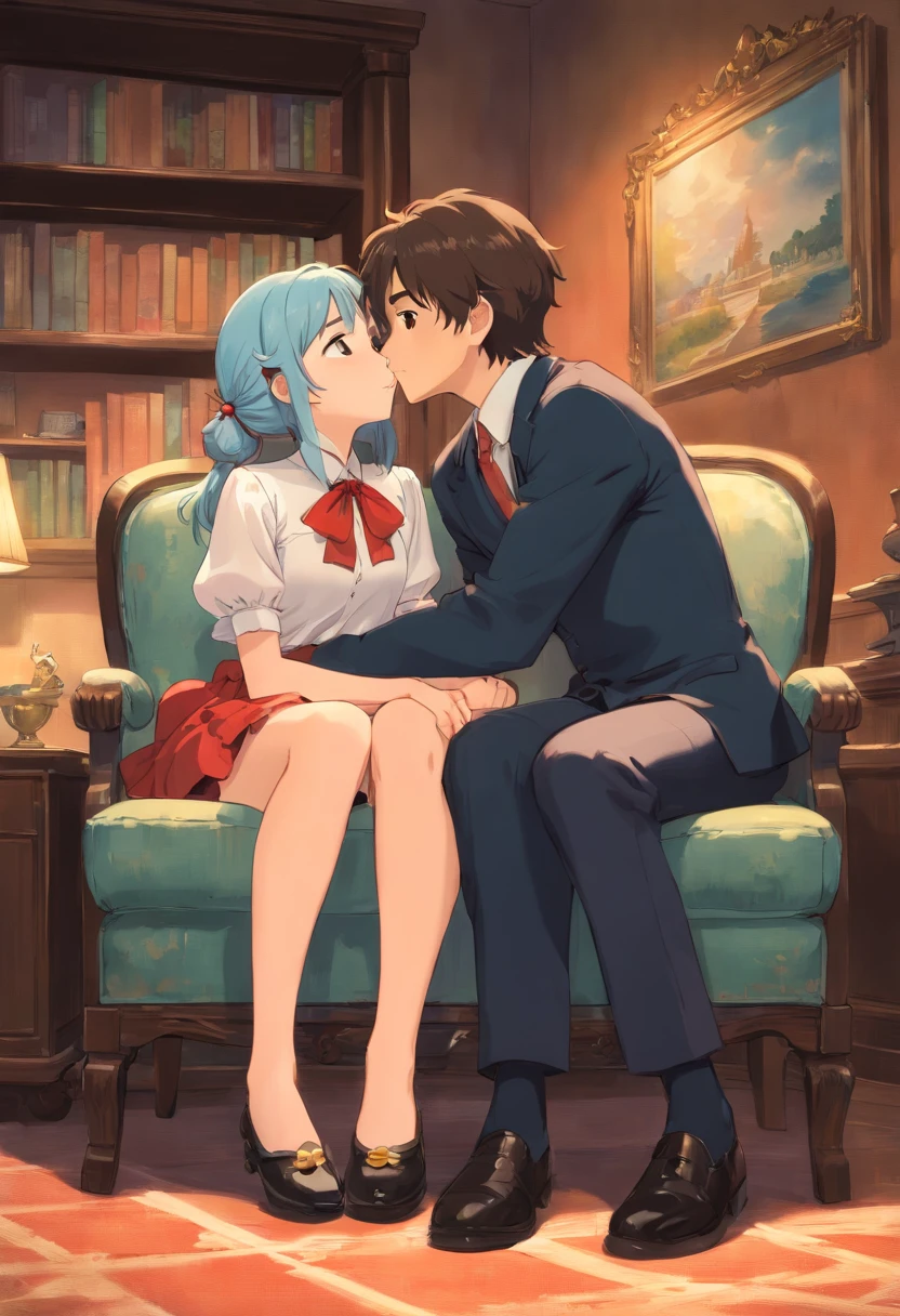 Male and female couples　Girl sitting on a chair wearing a tight skirt over a blouse。Boys hugging each other from behind。Boy in formal outfits with cool cut hairstyle。kissing each other 。mouth open 。shiney clear eyes 。blushing