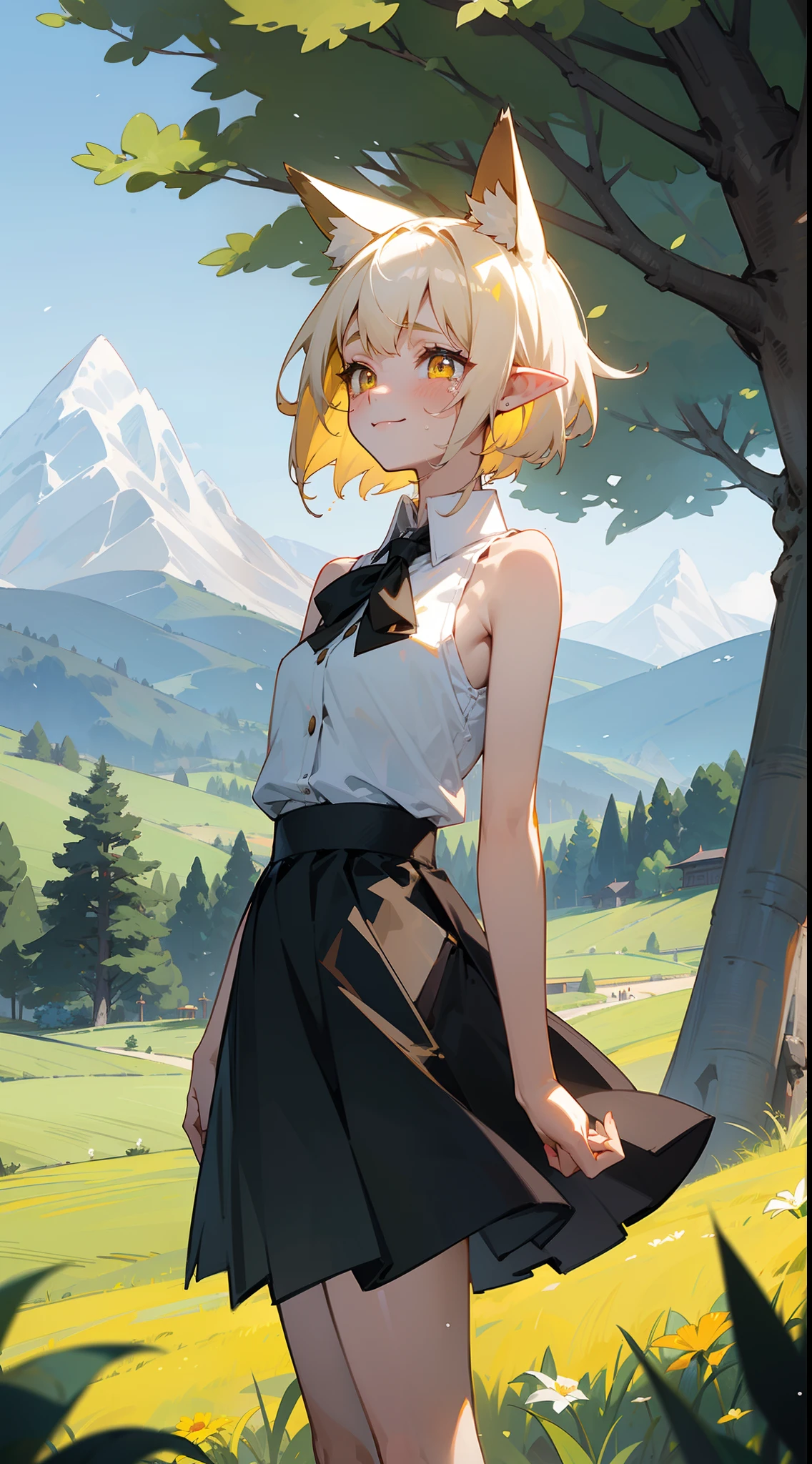 masterpiece, best quality, teen girl, cute face, yellow eyes, normal breast, white shirt, sleeveless, black skirt,short hair, platinum blonde hair, pointy ears,fox ears,smile,crying,day, flower,outdoors,standing, trees,mountains, hills, forest,looking to the sky