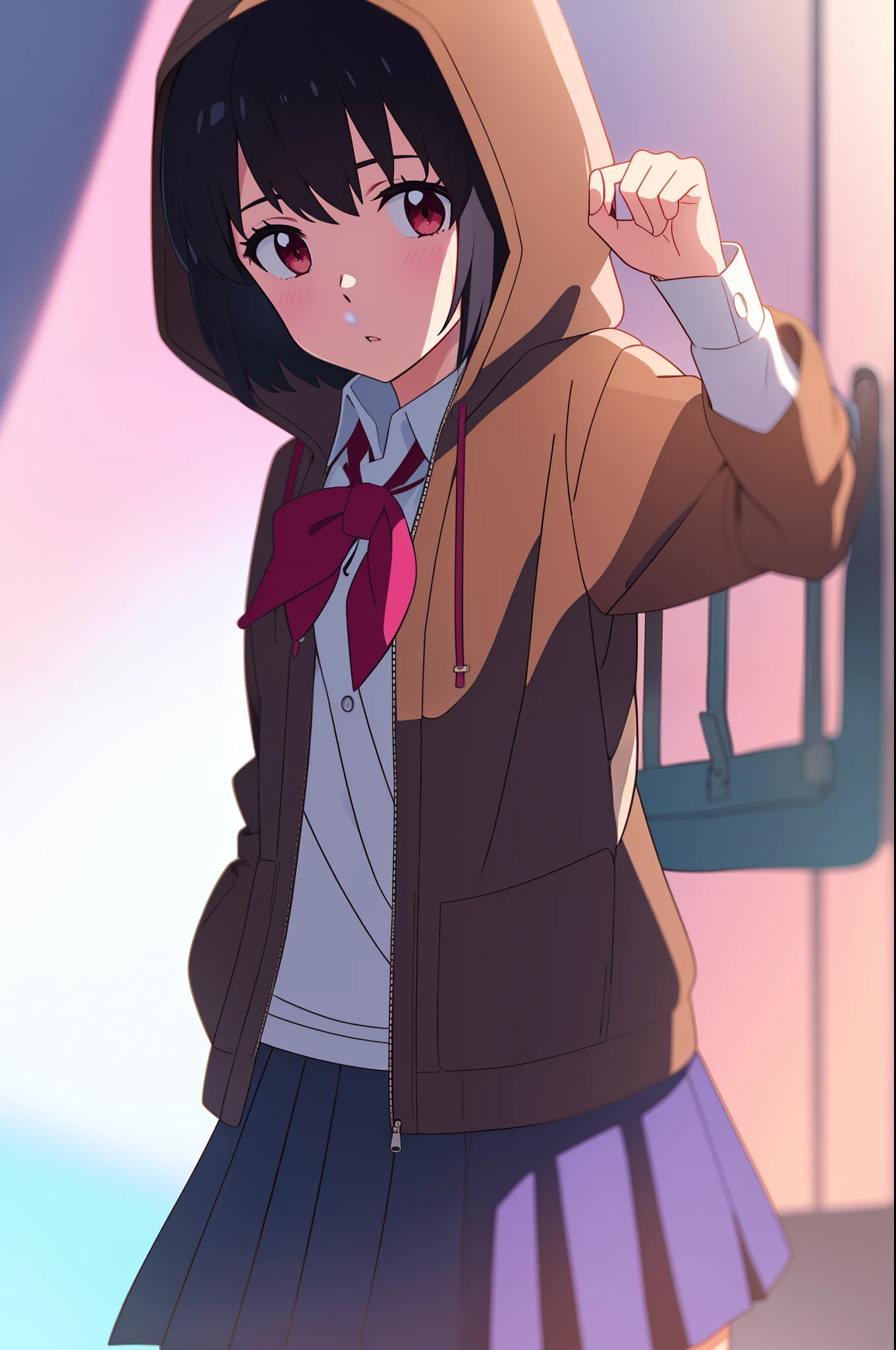 shinkai makoto, kimi no na wa., 1girl, solo, brown eyes, hood, skirt, sleeves past wrists, parted lips, blush, looking at viewer, hood up, open clothes, long sleeves, jacket, bangs, blue skirt, red eyes, black hair, blonde hair, white background, open jacket, hooded jacket, school uniform, shirt, hands up, short hair, cowboy shot, :o, hoodie, pink jacket, white shirt, red neckerchief, sidelocks, pleated skirt