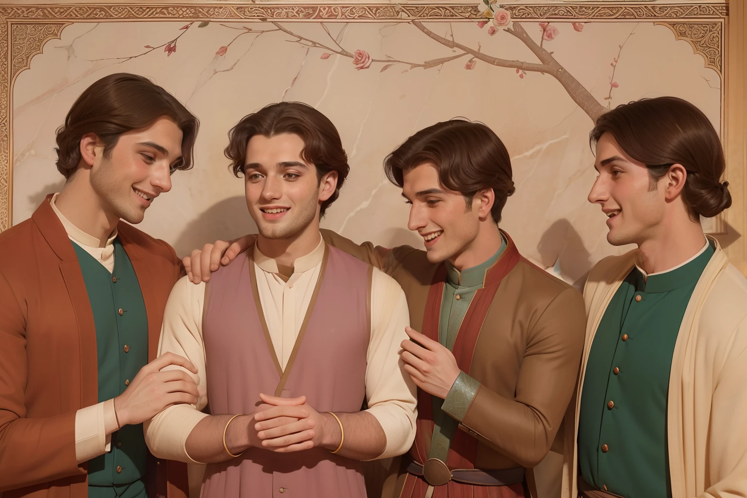 Year: 11th century. Location: Ispahan. Pre-raphaelite scene with ((three men)), a 22-year-old (english man), physician, with other young man, celebrating, smiling, hugging with joy, ((happiness)) ((excitement)) ((friends)), ((rose marble building)), ((((11th century qamis)))) ((11th century hairstyle)), (((cinematic style)))