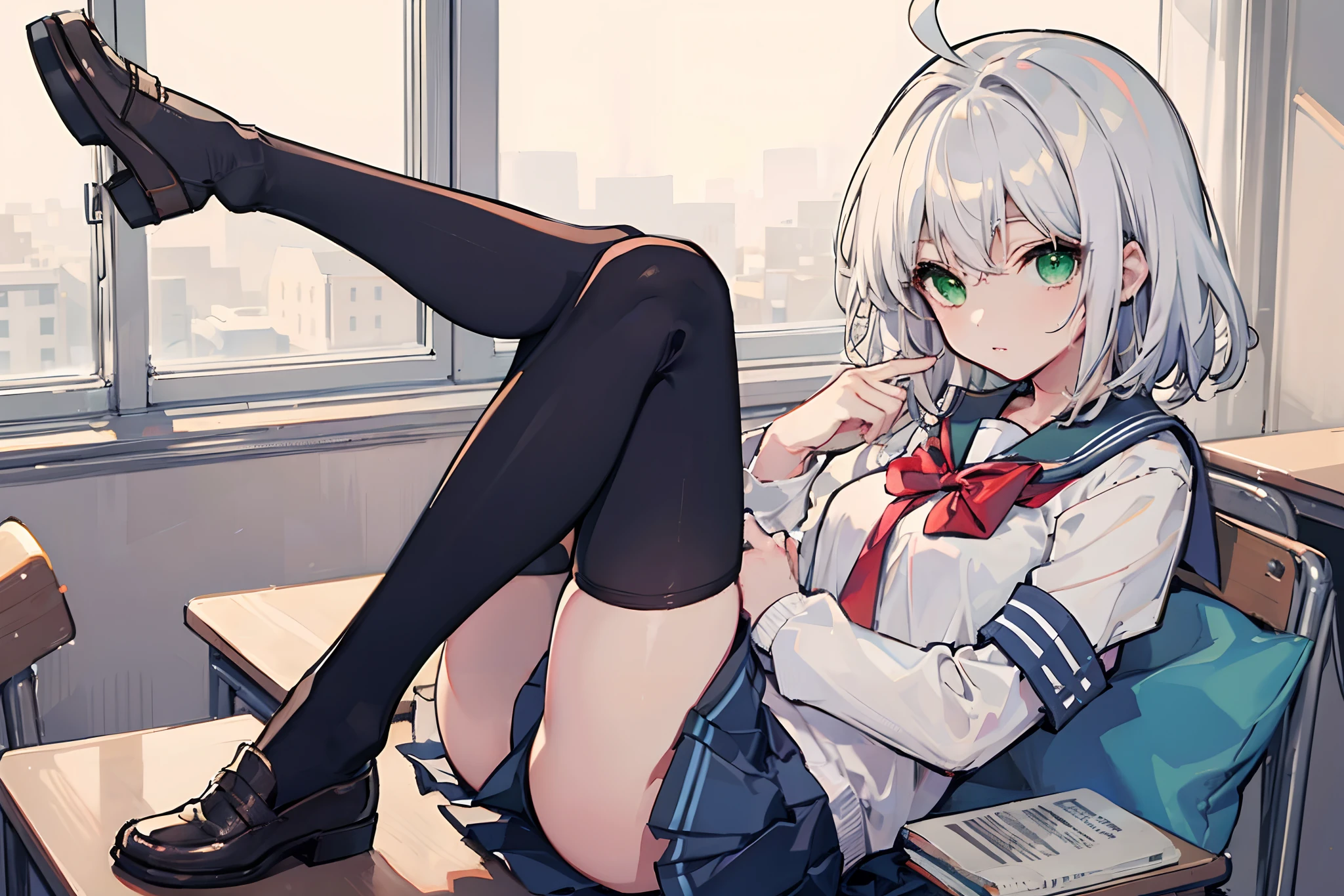 Masterpiece, Best quality, a beauty girl, White hair, Medium hair, ahoge, Green eyes, school uniform, white thighhighs
