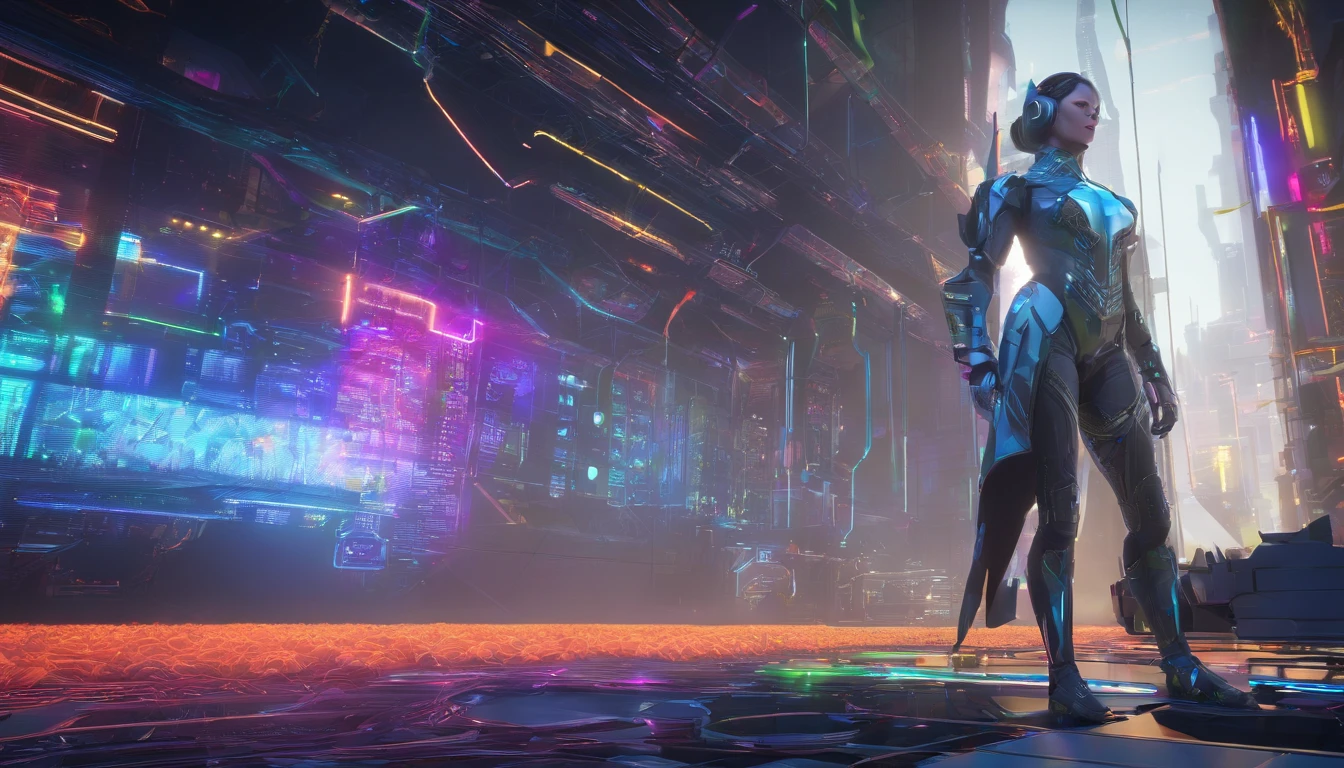((Best quality)), ((masterpiece)), (highly detailed:1.3), 3D,full body portrait,rfktr_technotrex, beautiful cyberpunk woman,(wearing head-mounted display that is chunky and hi-tech with neon lights:1.2),wearring a cape,computer hacking,computer terminals,soft glow from neon lights,micro-electronics,computer servers, LCD screens, fibre optic cables, corporate logos,vibrant colours,HDR (High Dynamic Range),Ray Tracing,NVIDIA RTX,Super-Resolution,Unreal 5,Subsurface scattering,PBR Texturing,Post-processing,Anisotropic Filtering,Depth-of-field,Maximum clarity and sharpness,Multi-layered textures,Albedo and Specular maps,Surface shading,Accurate simulation of light-material interaction,Perfect proportions,Octane Render,Two-tone lighting,Low ISO,White balance,Rule of thirds,Wide aperature,8K RAW,Efficient Sub-Pixel,sub-pixel convolution,luminescent particles,light scattering,Tyndall effect