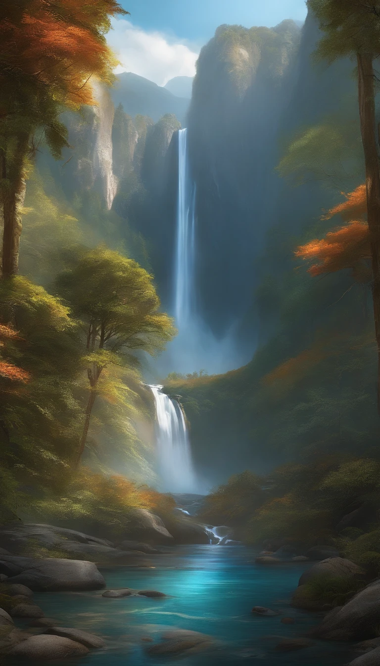 Painting a waterfall in a mountainous area with a house at the top, Papier peint vertical, Papier peint vertical 4 k, 4k vertical wallpaper, 8 k papier peint vertical, 8k vertical wallpaper, Ross Tran. Scenic background, beau mattepainting, Peinture mate 4 k, Detailed landscape — width 672, Beautiful iPhone wallpaper, Avatar landscape, inspired by Raphael Lacoste