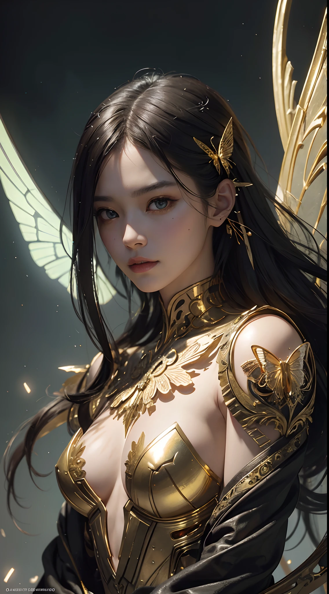 Step into a world of digital photography and art with this breathtaking portrait of a cyborg, featuring elegant gold butterfly accents and a mesmerizing sidelighting effect. The intricate details and surreal elements, inspired by the works of Artgerm, Ruan Jia, and Greg Rutkowski, make this piece a true masterpiece.