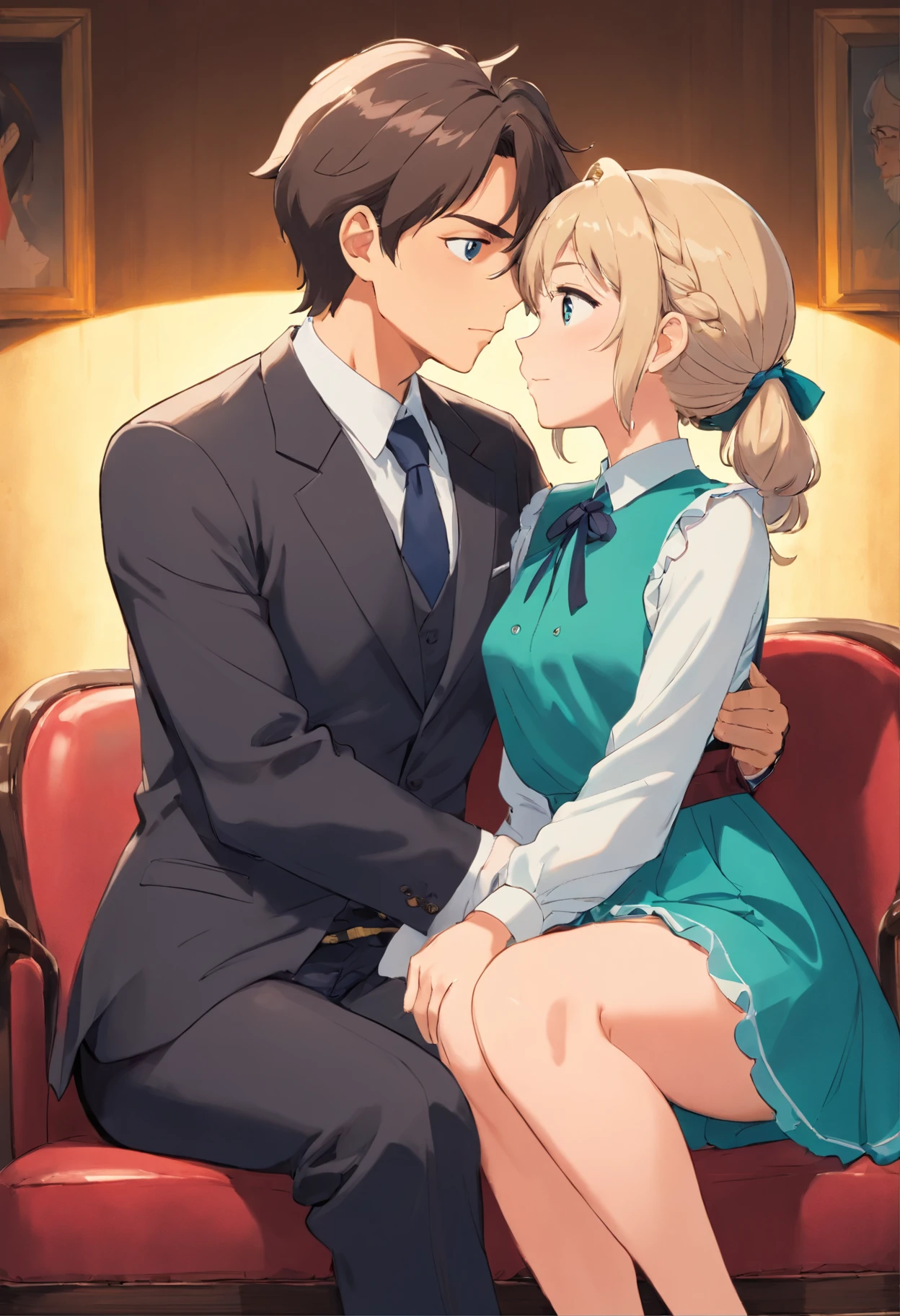 Male and female couples　Girl sitting on a chair wearing a tight skirt over a blouse。Boys hugging each other from behind。Boy in formal outfits with cool cut hairstyle。kissing each other 。mouth open 。shiney clear eyes 。blushing