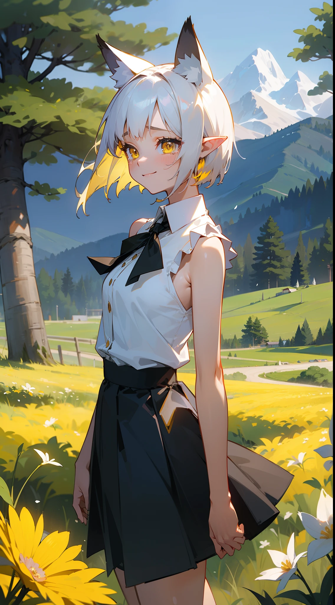 masterpiece, best quality, girl, cute face, yellow eyes, normal breast, white shirt, sleeveless, black skirt,short hair, platinum hair, pointy ears,fox ears,smile,crying,day, flower,outdoors,standing, trees,mountains, hills, forest,looking to the sky