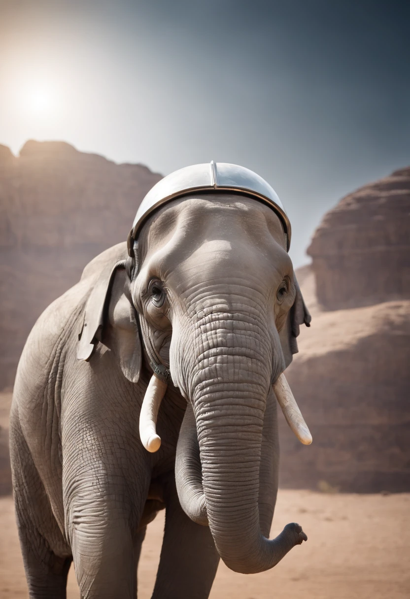 elefante disfrazado de astronauta plateado con casco platadeado hiper realista calidad cinematica