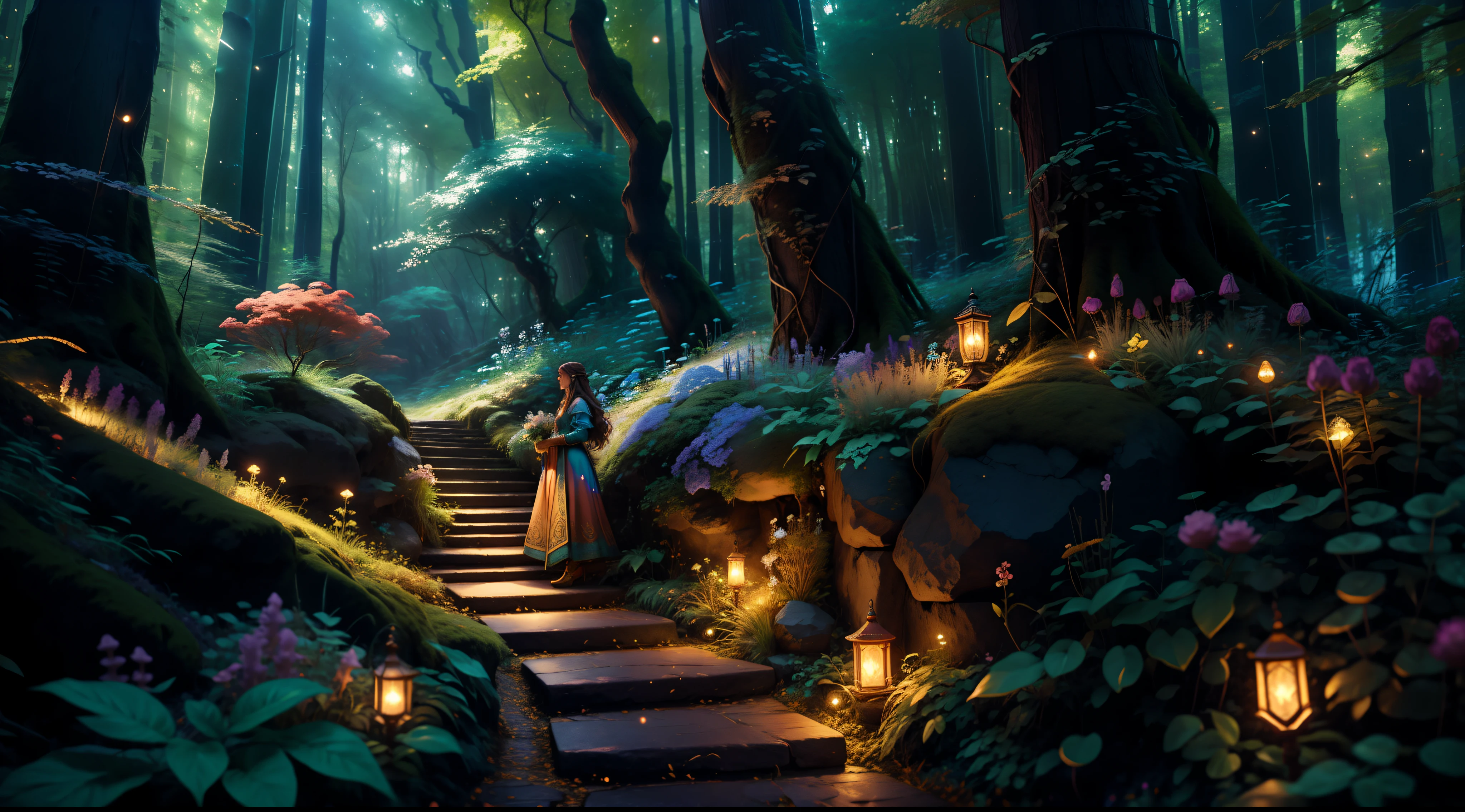 ethereal fantasy concept art of 1beautiful girl, with long hair and guild adventurer clothes, she is in a beautiful ([woodland setting]), {([she is in interaction with the elements of the setting])|+([3D space composition ]):1.2}!  {The setting is: (fareground/ bright leaves+blur, beautiful colorful flowers, fireflies)!  (midground/bright bushes, grasses, flowers, glowing trees, squirrels_on_the_ground, +a 1beautiful girl, with long hair and guild adventurer clothes)!  (background/ froresta_verde_escura)}!  ([camera with dynamic angles/+naturalness]:1.2), maximum detail, ultra quality, maximum resolution, 16k, anime style, ([work with 3D perspective]):1.3, (creative/+dynamic/+naturalness):1.2, [camera with dynamic capture angles/+genius work of art]:1.2! [ethereal atmosphere]:1.1 [fantasy, tale] [book story style] [soft lighting] [whimsical feel]:0:8 [+cinematic shot]:1.2 [+artstation] [+ luminescent blue blue green yellow] [+soft lighting] [soft glow] [+particles] [creative and dynamic angles]:1.3, [+mineral toning] [+octane rendering] [+professional post production ] [+rendering octane] [+tones and lighting and contrast/+ghibli style/+studio style], magnificent, celestial, ethereal, 
painterly, epic, majestic, magical, fantasy 
art, cover art, dreamy