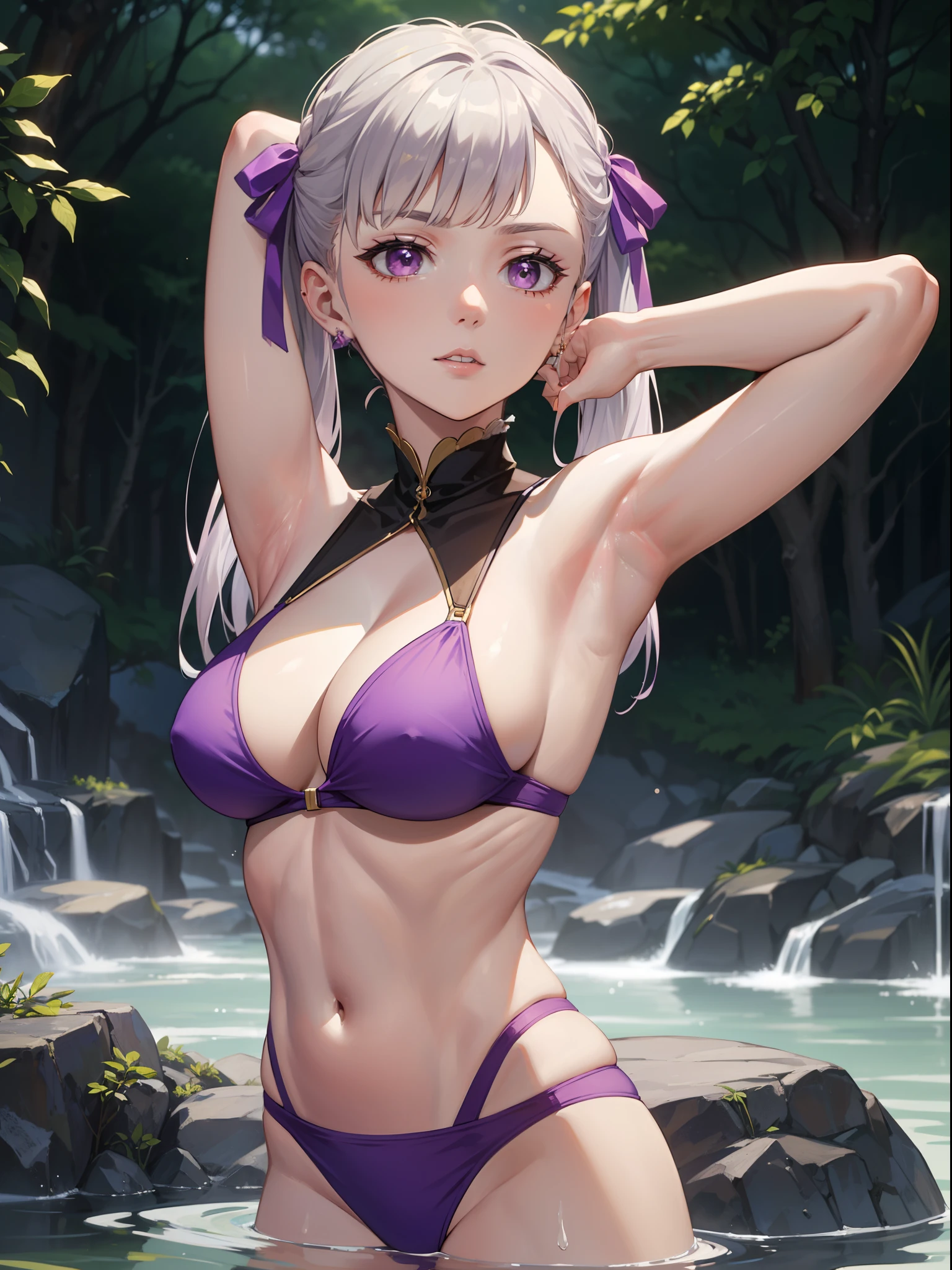 (((masterpiece, best quality, highres))), beautiful noelle_silva, long hair, (hair ribbons, purple colored hair ribbons), (white hair, silver hair), twin tails, pig tails, bangs, earring, jewelry, silver hair, purple eyes, (purple colored bikini, purple colored panties), large breast, (cleavage), large boobs, (sitting), ((armpits, armpits exposed)), alluring armpits, (hands in hair), BREAK outdoor, (hot springs), blur background, ((portrait shot, only upper body shot)), alluring face, (perfect fingers, perfect anatomy), 4k