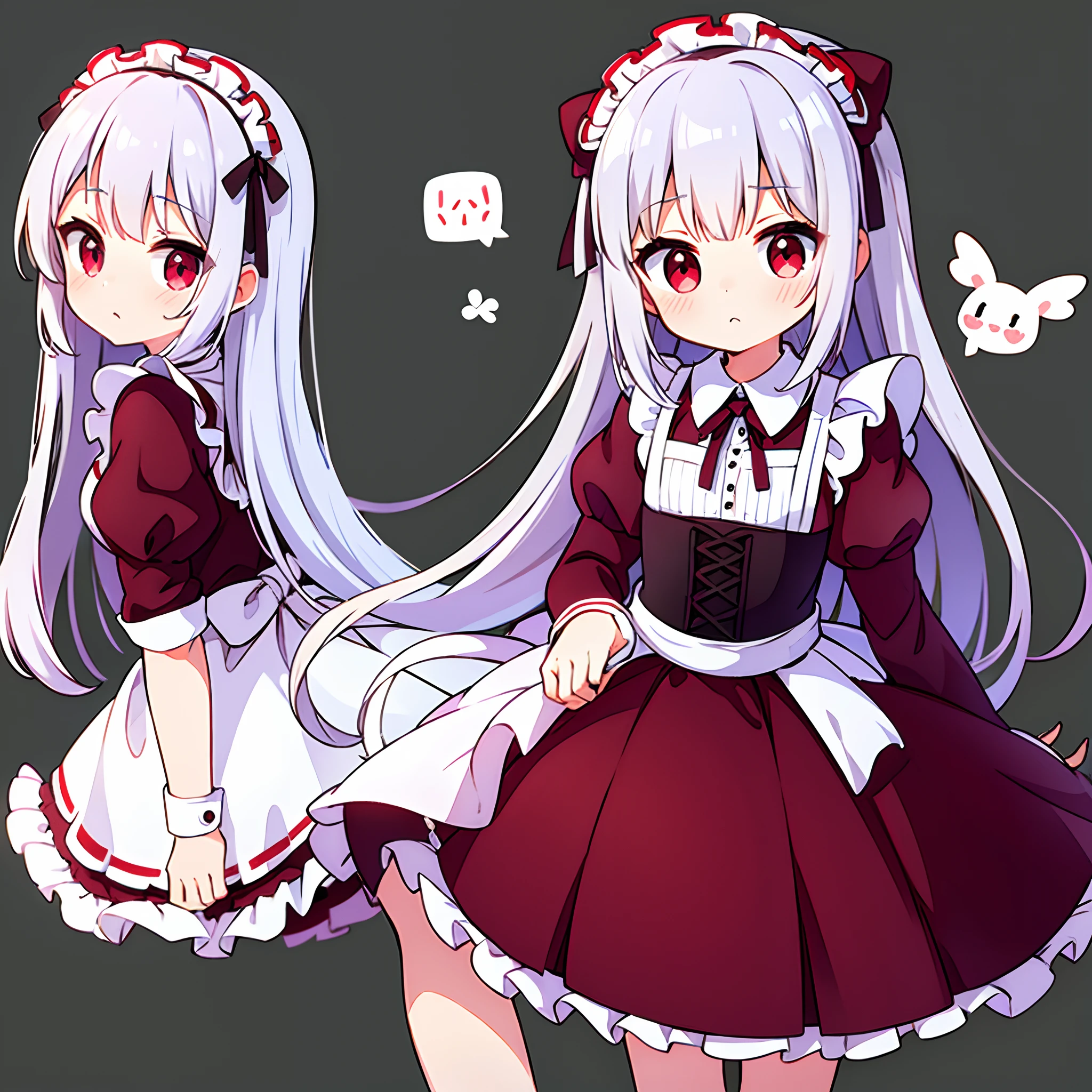 silber hair,Red Eyes,Long hair,maid clothes,a miniskirt,Embarrassed look,teens girl,Standing picture,Stand straight,Top image quality,cute little,fluffly,simple background