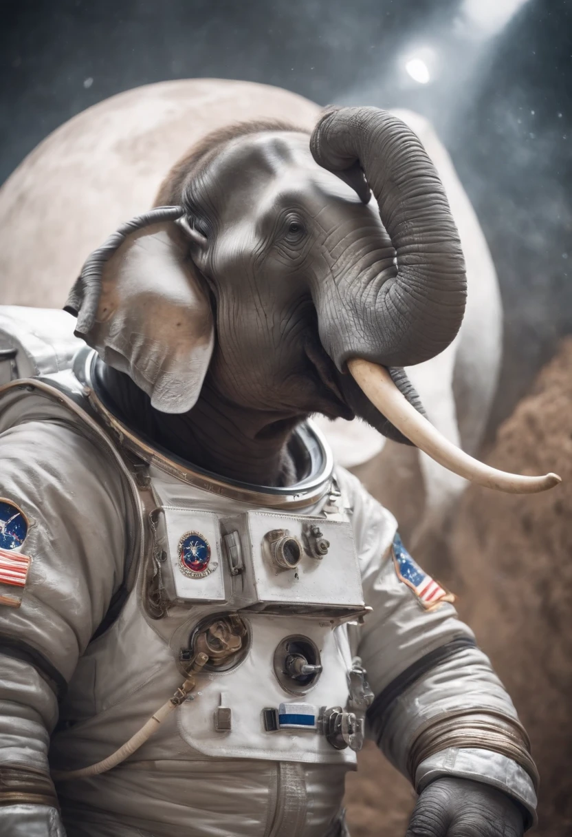 elefante humanoide disfrazdo con traje de astronauta plateado
