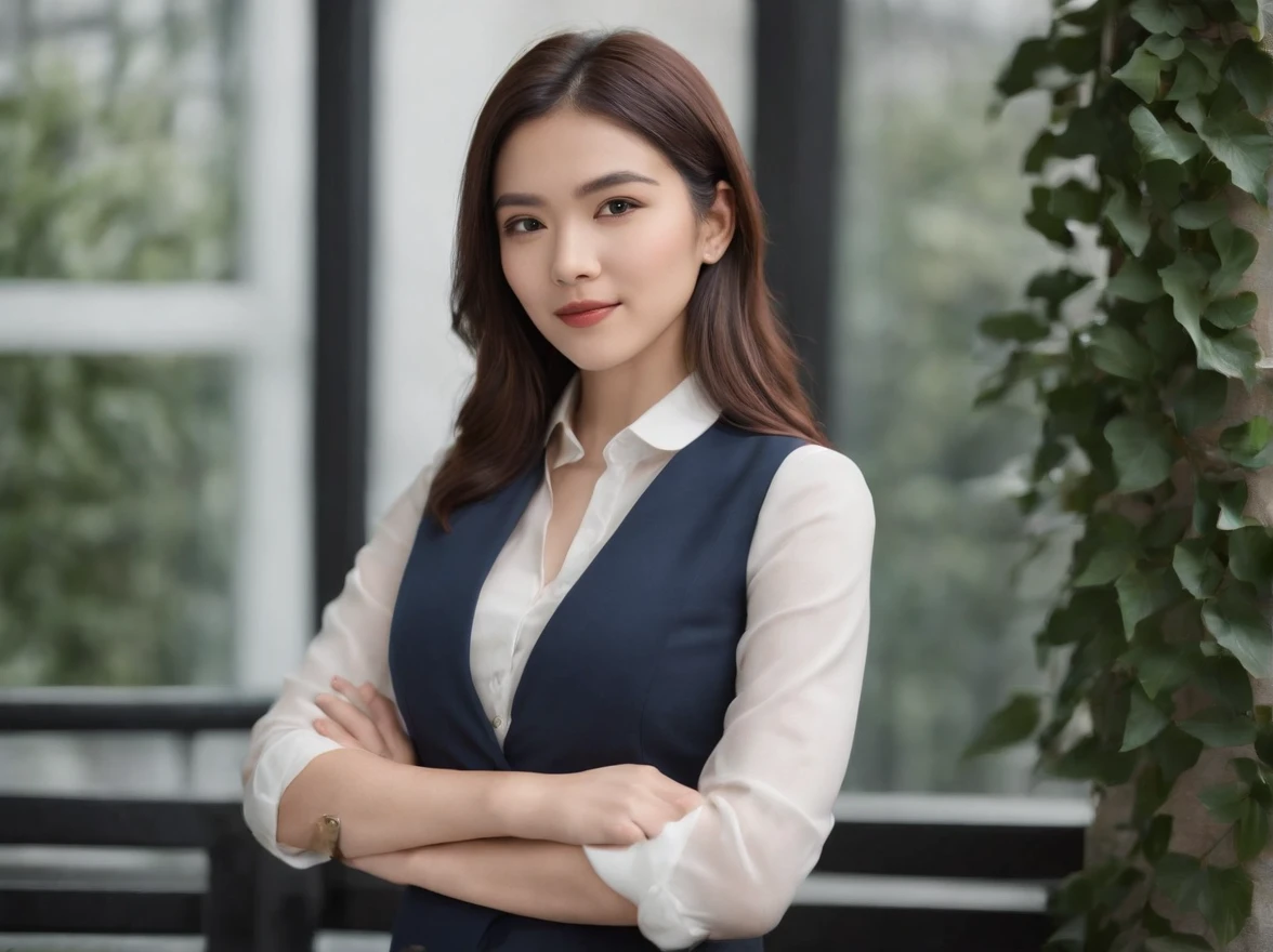 Professional image of a 25-year-old working woman, Wear a navy blue business casual suit and hip wrap skirt, Professional profile photo, posing with crossed arms, professional picture, professional profile picture, photograph of a woman, Business woman, lecturer, Black hair, Slim body, 4k高清