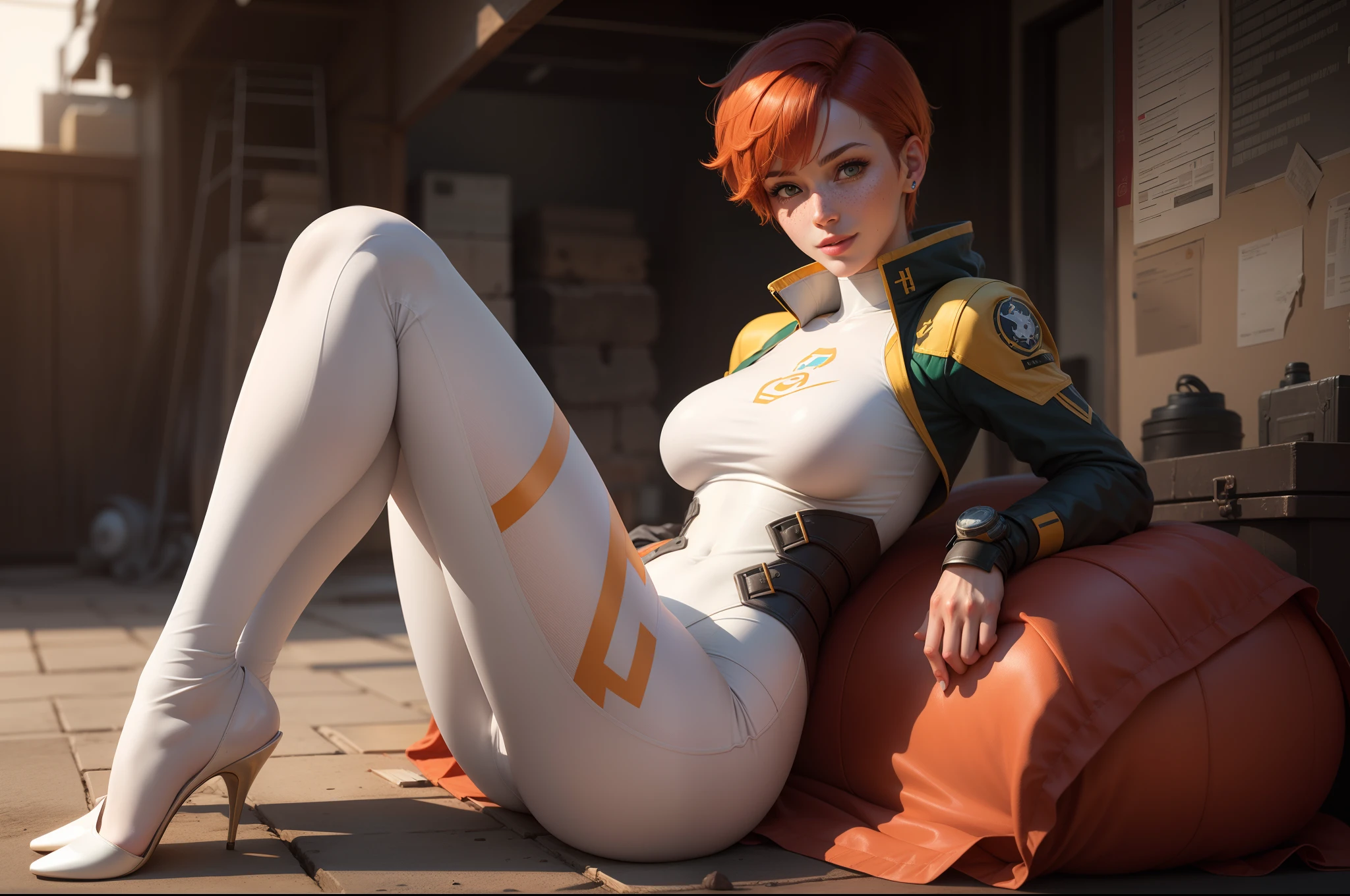 gwen tennyson,tracer,samus,rebecca chambers,overwatch,gundam,1girl,close up,mecha pilot,space port,mecha space suit,space marine,pirate corset, white long sleeve lycra top,wet body,white leggings,short hair,war makeup,green eyes,orange hair,hair highlights,shy smile,freckles,redhead,beautiful girl,large breasts,ultra detailed,realistic,fantasy art, legs spread,