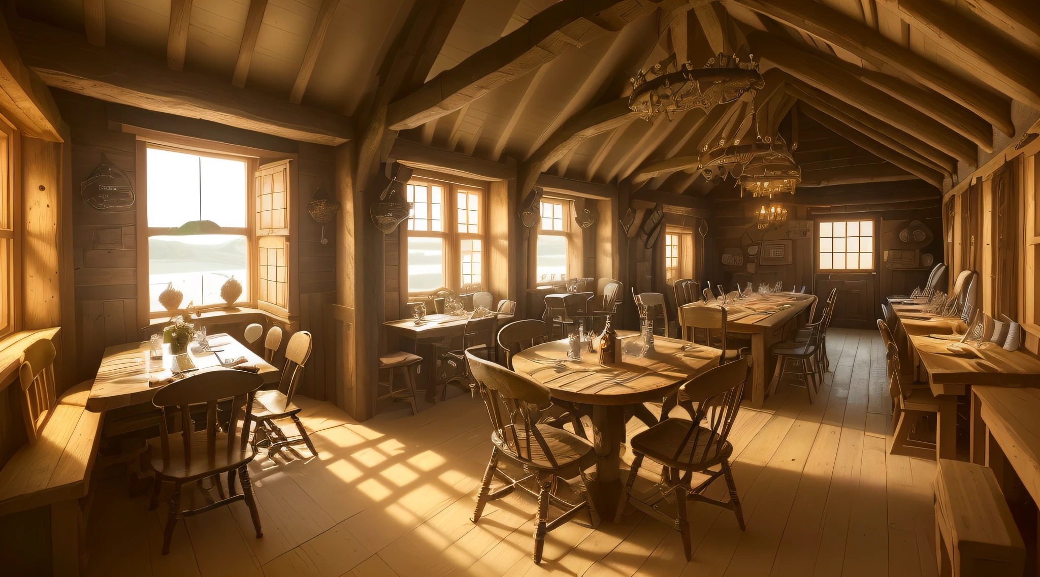 Create a picture of the inside of the village tavern in my fantasy story, die zum sonnigen Marktplatz eines kleinen, run-down fishing village. The tavern should look rustic and cozy, mit verwitterten Holzbalken an den Decken und einem knisternden Kamin in der Ecke. The walls are said to be decorated with nautical decoration, such as fishing nets and old steering wheels. The tables and chairs should be made of sturdy wood and bear witness to years of use. Various beings were to gather in the tavern, darunter Orks, Menschen und andere Rassen, who enjoy food and drinks in a cheerful mood. Sunlight should shine through the windows, highlighting the warm atmosphere inside. Please capture the warmth and conviviality of this place.
