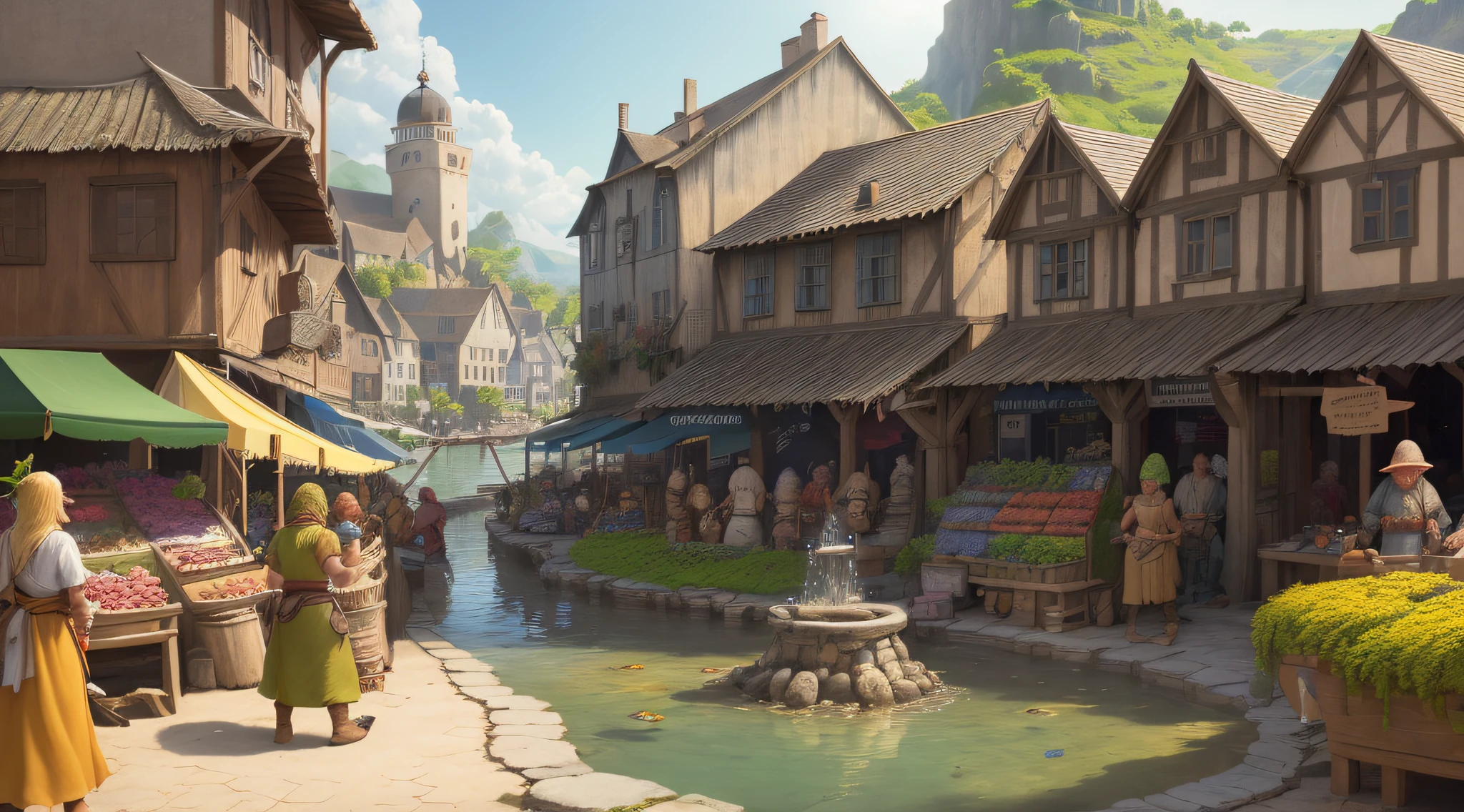 Create an image for my fantasy story that depicts the sunny marketplace of a small, run-down fishing village. In the center of the marketplace, there should be a simple water fountain covered in moss. The houses surrounding the marketplace should be made of weathered wood, with sagging roof shingles and broken windowpanes. Wild weeds should grow between the stones of the marketplace. At the fountain, orcs, humans, and other races should stand in line to fetch water. The sun should bathe the marketplace in warm, inviting light, and cheerful colors should dominate the scene. The image should capture the communal and lively atmosphere of this small fishing village.