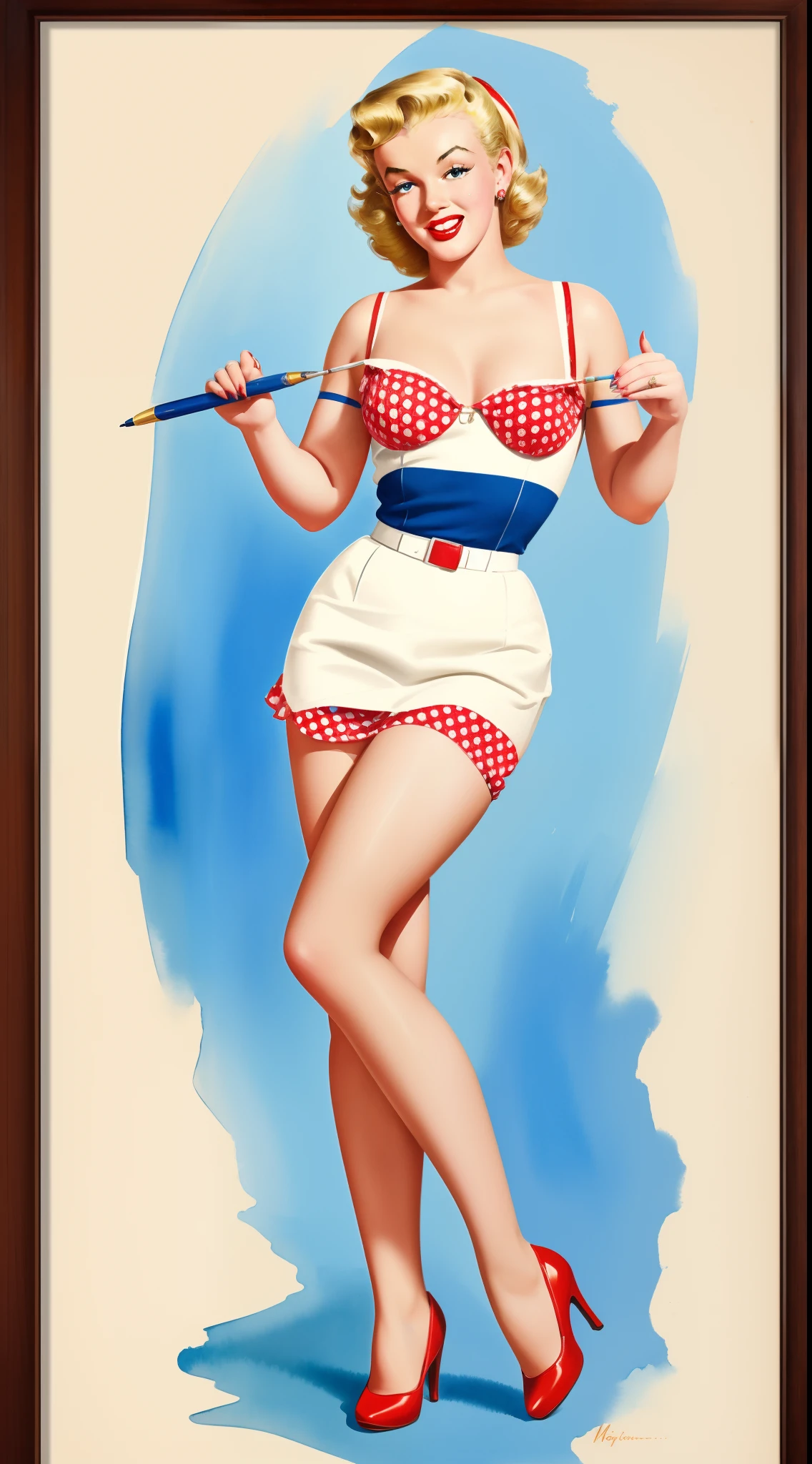 1950s Watercolor, Pen and Ink, 25 yo Marilyn Monroe in retro fashion, pin-up style, full body shot, depiction of rural life, light gray and light brown and red and white and blue, in the style of classical Americana, mottled, playful innocence, dotted, cutout from white background, in the style of Andrew Loomis, masterpiece art work,