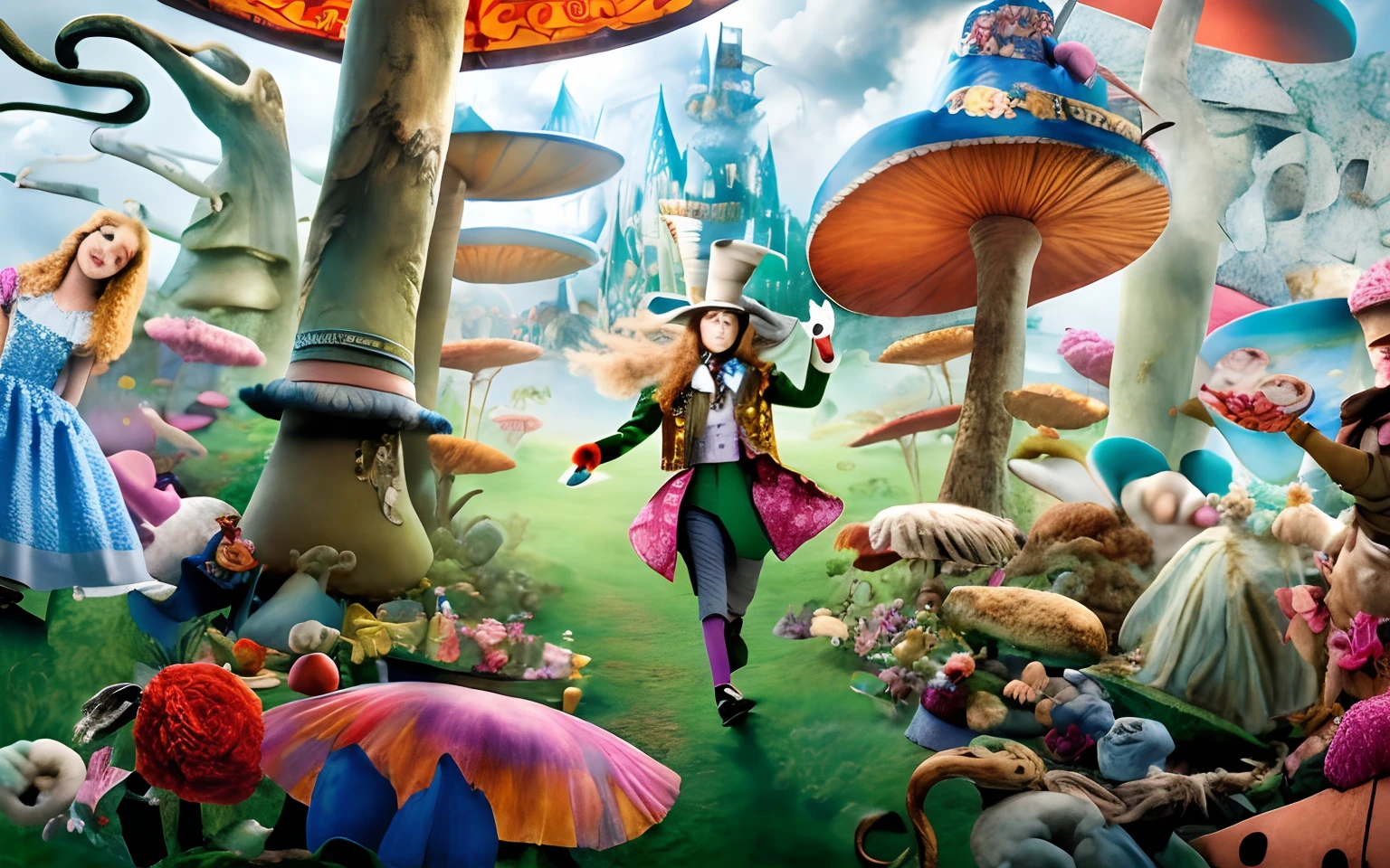 alice and the mad hatter in alice's wonderland, alice in wonderland 3 d, the mad hatter, welcome to wonderland, mad hatter, alice in wonderland, the madhatter, alice in the wonderland, alice in wonderland theme, the theme of alice in wonderland, alice in wonderland syndrome, movie promotional image, wonderland, from alice in wonderland