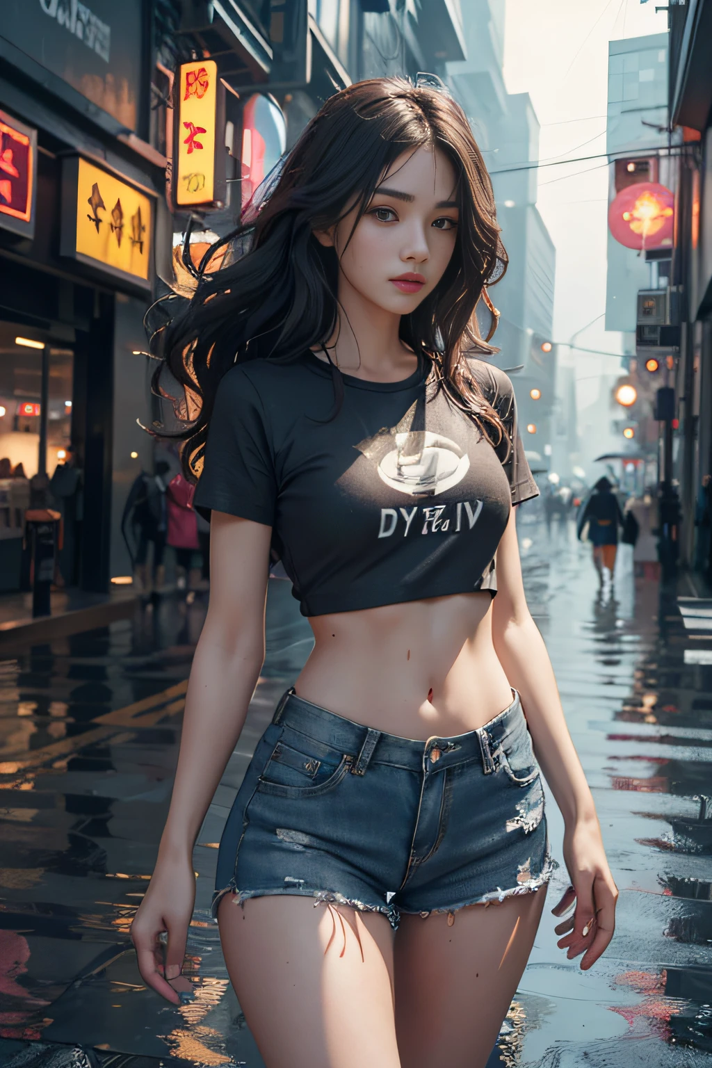 Beautiful woman with wavy hair, delicate and charming eyes, thigh notch, sexy long legs, t-shirt in small shorts, beautiful futuristic cyberpunk + city, mist, damp, rain, best quality masterpiece, realistic, detailed, 8k, HDR, shallow depth of field, wide light, high contrast, backlight, flood, flash, chromatic aberration, sharp focus, RAW color photo