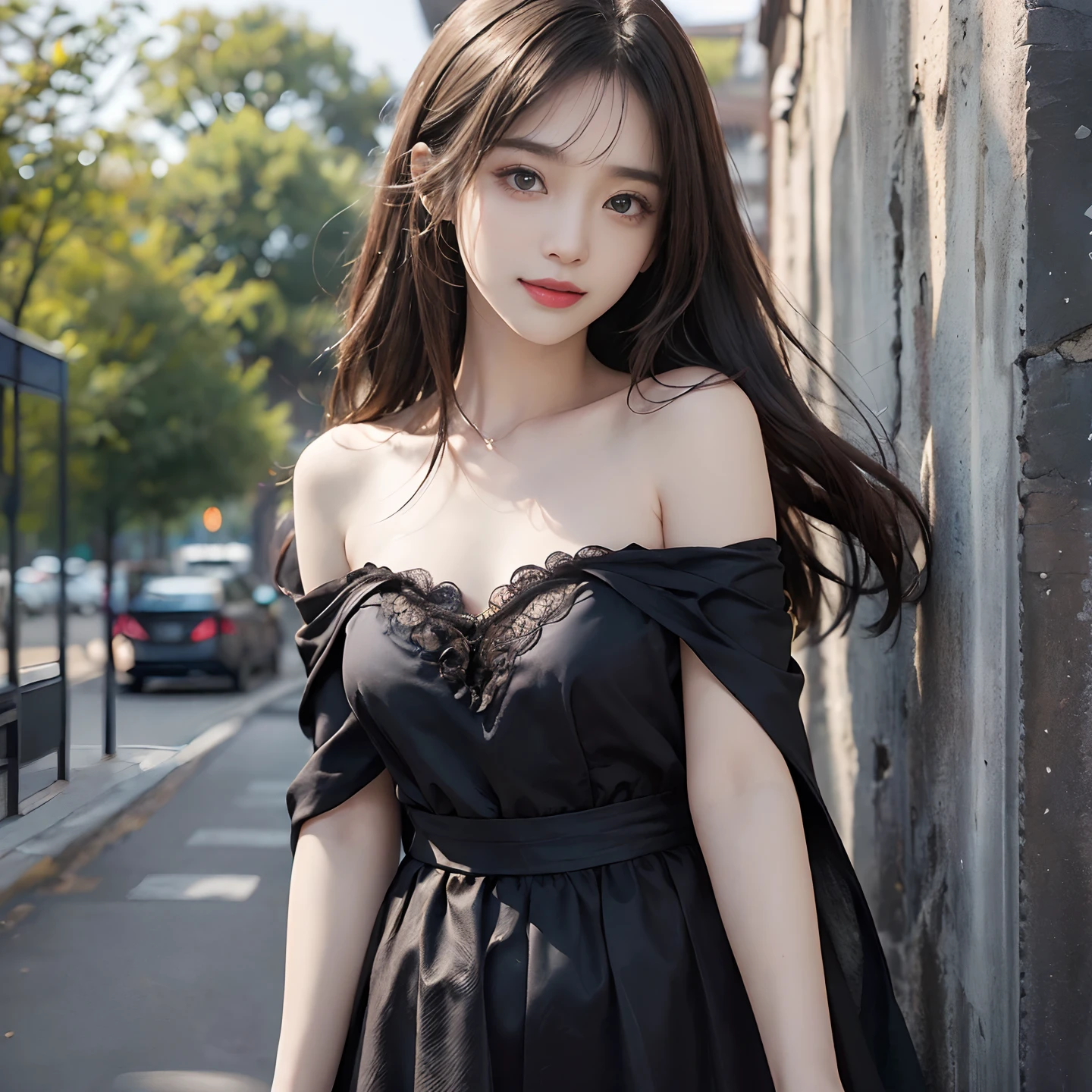 (A hyper-realistic)、(illustratio)、(hight resolution)、(8K)、(ighly detailed)、(Best Illustration)、(beautifully detailed eyes)、(top-quality)、(ultra-detailliert)、(masterpiece)、(wall-paper)、(A detailed face)、独奏、1 girl in、looking at viewert、fine detailed、A detailed face、in the darkness nigth、deep-shadows、lowkey、pureerosfaceace_v1、A smile、long、Black shawl straight hair、46-point diagonal bangs, (silk dresses、long skirt)(off shoulders)View of the park、、Stand against the wall