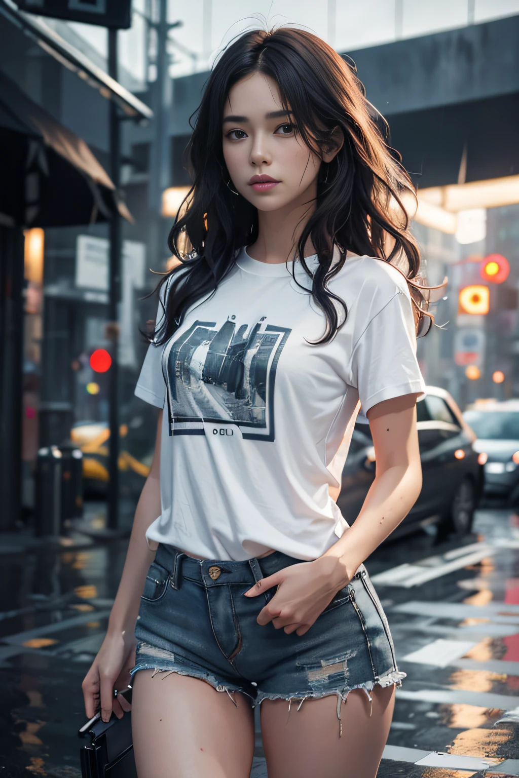 Beautiful woman with wavy hair, delicate and charming eyes, thigh notch, sexy long legs, t-shirt in small shorts, beautiful futuristic cyberpunk + city, mist, damp, rain, best quality masterpiece, realistic, detailed, 8k, HDR, shallow depth of field, wide light, high contrast, backlight, flood, flash, chromatic aberration, sharp focus, RAW color photo