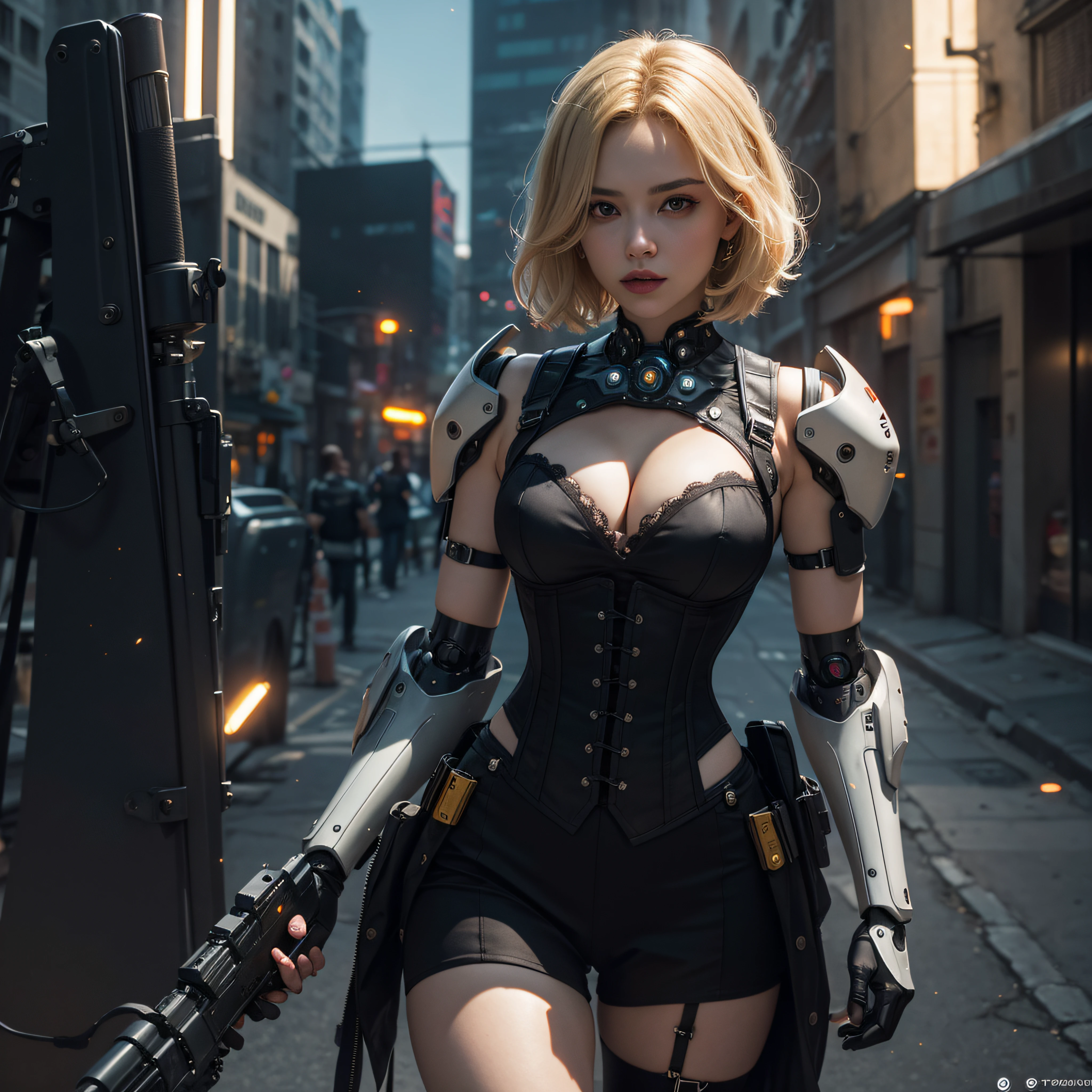 ((calidad superior)), ((obra maestra)), ((realista)), (Los detalles), (fotorrealista:1.5), Science-Fiction, HDR, Trazado de rayos, NVIDIA RTX, Los ultra-Highres, Irreal 5, Sub-Surface Scatterring, PBR texturizado, Post-procesamiento, Anisotropic filtering, Profundidad de campos, maximum sharpness and sharpness, Regla de los tercios、8K RAW、(Luminescent Particles:1.4)、(super-detailed CG、Unidad 8k Fondos de pantalla、lighting like a movie、destello de lente、foco nítido. Blonde girl with corset, Robotic Parts, Cannons firing, guerra urbana, Armas, pistola, Arte cyberpunk、arquitectura cyberpunk