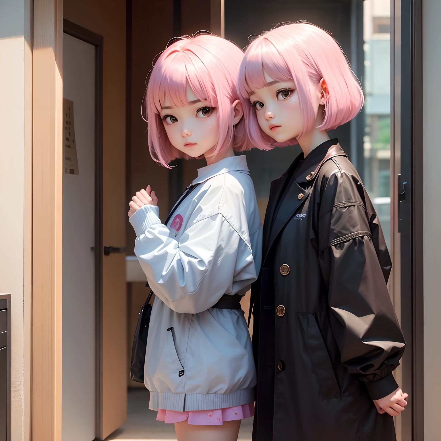 Hair is pink。Similar to Anya from Spy Family１０Cute girl with a height of 120cm has a bob hairstyle。