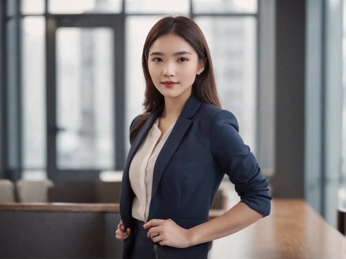 Professional image of a 25-year-old working woman, Wear a navy blue business casual suit and hip wrap skirt, Professional profile photo, posing with crossed arms, professional picture, professional profile picture, photograph of a woman, Business woman, lecturer, Black hair, Slim body, 4k高清