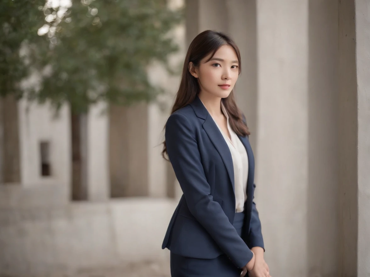 Professional image of a 25-year-old working woman, Wear a navy blue business casual suit and hip wrap skirt, Professional profile photo, posing with crossed arms, professional picture, professional profile picture, photograph of a woman, Business woman, lecturer, Black hair, Slim body, 4k高清