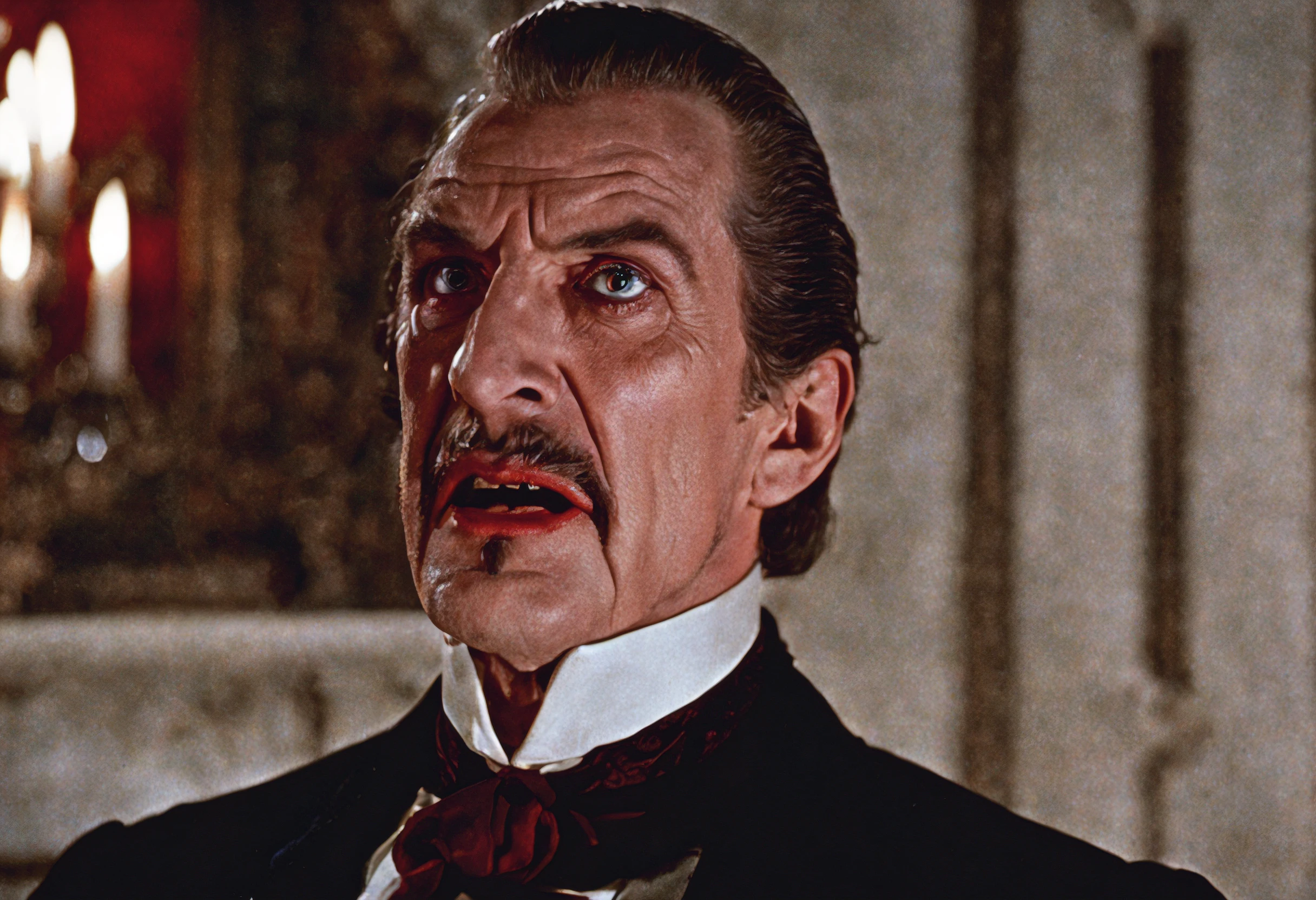 closeup cinematic still of (Vincent Price) as dracula, open mouth fangs bared, (1800s) inside creepy mansion, red, fireplace, standing glaring, perfect eyes, detailed face, foreboding, menacing, (bram stokers dracula movie), analog, high saturation