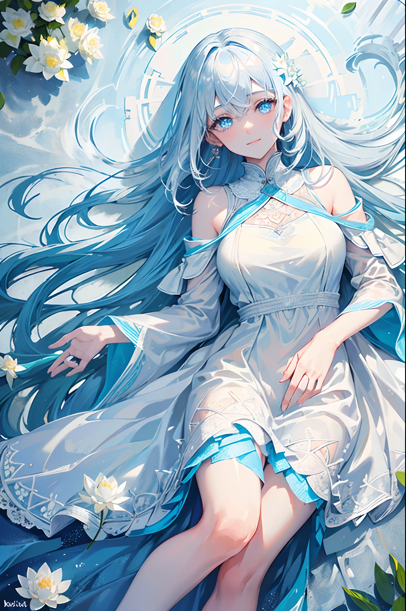 Long Light Blue Dark Color Hair, blue eyess White lace dress lotus pond A smile masterpiece Top image quality Clear cinematic shadow Increased attractiveness of the eyes Clear the shine of the eyes Draw eyelashes neatly Perfect Eye A detailed eye Sharpen image quality Sharpen eye writing Clear eye shape