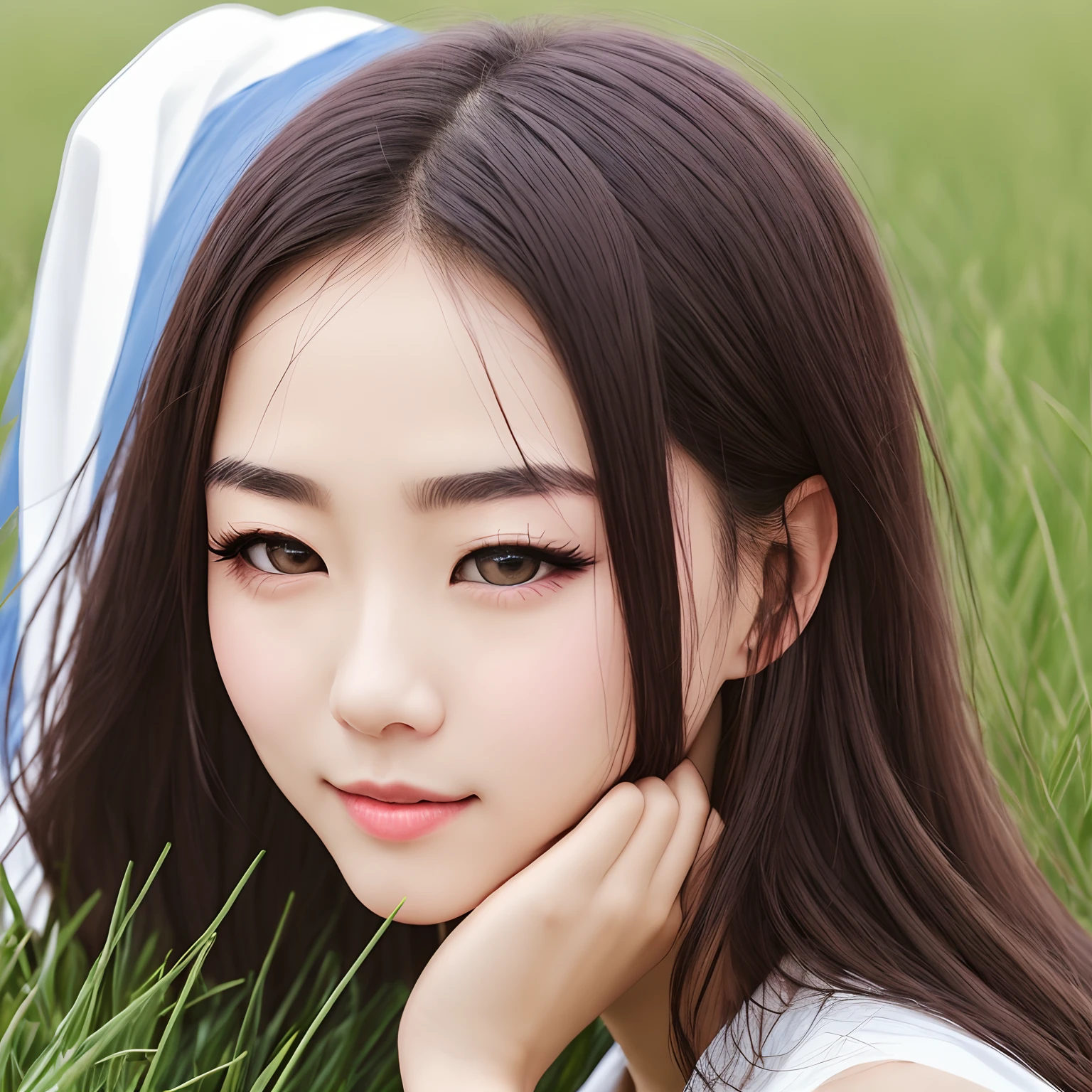 incantation(Prompt): Works of masters,Best image quality,high detal,超高分辨率,8K分辨率,depth of fields,full body shot shot,exquisite facial features,s the perfect face,Glowing skin,femele,solo person,Eyebrows upturned,opens his eyes wide,Watery eyes,long eyelasher,Beautiful pupils,Heart-shaped mouth,Raise your eyebrows,ssmile,long whitr hair,whaite hair,hair straight,Bracelet,Hanfu,obi strip,bare-legged,springtime,grassy fields