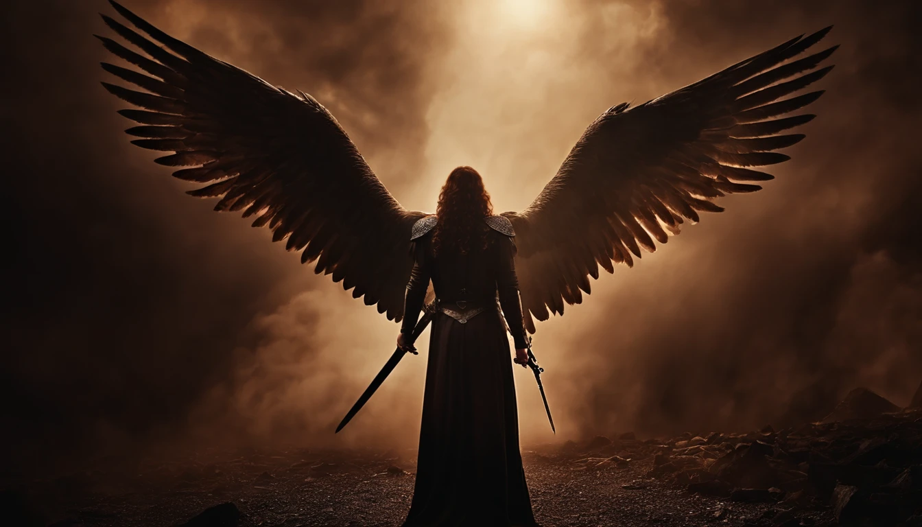 an image of an angel with a sword standing in hell, Anjo no inferno, arcanjo, angels vs demons, angel watching demon, angels and demons, anjo protegendo o homem, Arcanjo Miguel, O Anjo da Morte, Battle between angels and demons, anjo super largo, epic angel wings, angels protecting a praying man, necessidade humana anjo da morte. ((imagem epica)), ((alta qualidade))