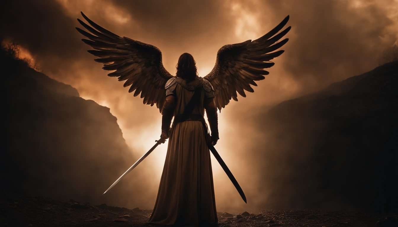an image of an angel with a sword standing in hell, Anjo no inferno, arcanjo, angels vs demons, angel watching demon, angels and demons, anjo protegendo o homem, Arcanjo Miguel, O Anjo da Morte, Battle between angels and demons, anjo super largo, epic angel wings, angels protecting a praying man, necessidade humana anjo da morte. ((imagem epica)), ((alta qualidade))