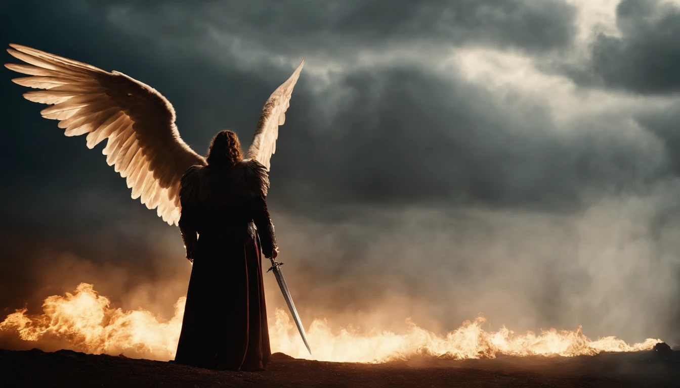 an image of an angel with a sword standing in hell, Anjo no inferno, arcanjo, angels vs demons, angel watching demon, angels and demons, anjo protegendo o homem, Arcanjo Miguel, O Anjo da Morte, Battle between angels and demons, anjo super largo, epic angel wings, angels protecting a praying man, necessidade humana anjo da morte. ((imagem epica)), ((alta qualidade))