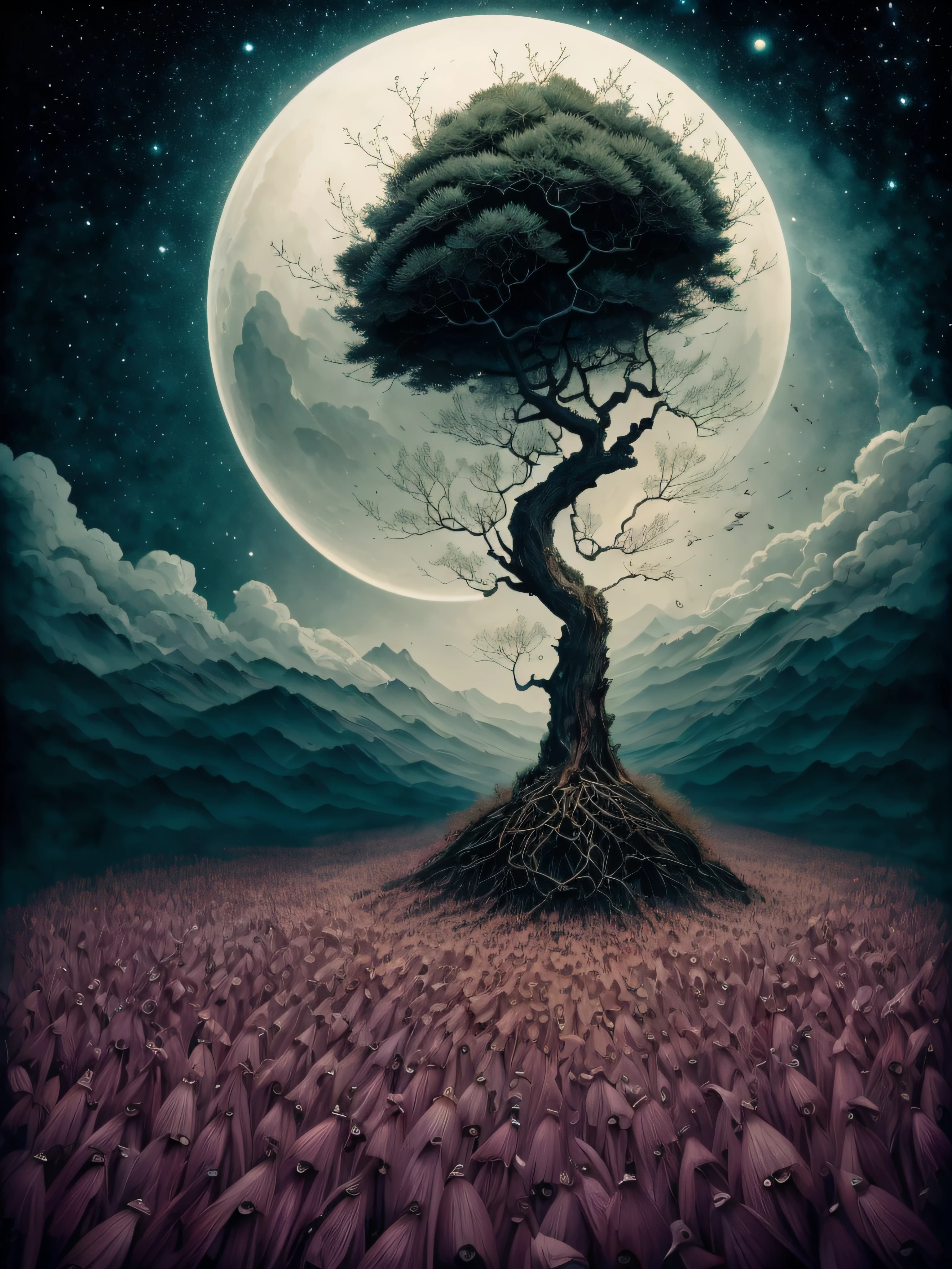 Painting a tree, un sendero iluminado por luciernagas, buho volando, particulas en el aire, viento, Surrealist illustration, Arte oscuro surrealista, Estilo Mark Ryden, Mark Ryden muy detallado, Estilo de Mark Ryden, Naoto Hattori, Surrealismo pop lowbrow, Mark Ryden en el estilo de, benjamin lacombe, Lori Earley, Surrealismo pop Lowbrow Art Style, Arte lowbrow, por Mark Ryden