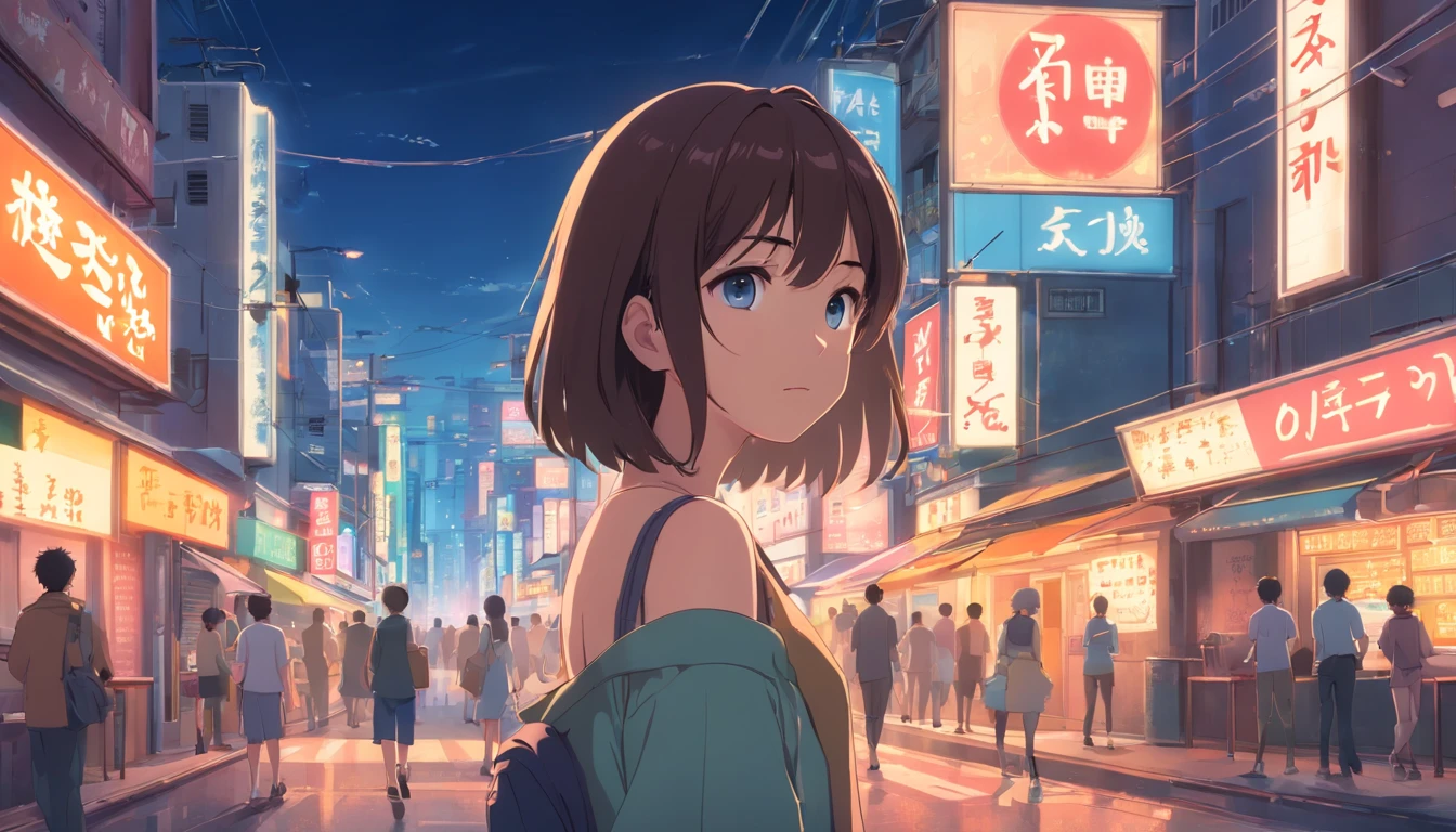 couple, 1 boy and 1 girl, A dark-haired, off-the-shoulders, Animated scene of street with neon signs and buildings, Lofi Hip Hop, lofi artstyle, lofi art, chillhop, zero, anime movie background, Koto no Hanoniwa, anime backgrounds, Lofi aesthetics, Wit Studio Animation, LoFi Album Art, Lopi Technology, Lopi Vibe, Lofi Feeling, Lopivibe、((masterpiece),(extremely detailed CG Unity 8k wallpapers)、Top Quality、、独奏、1Girl、cinematic lightings、detailed background、beautiful delicate eyes、bright pupils、(very delicate and beautiful.)、(Beautiful and detailed eye description)、extremely highly detailed、masterpiece、))