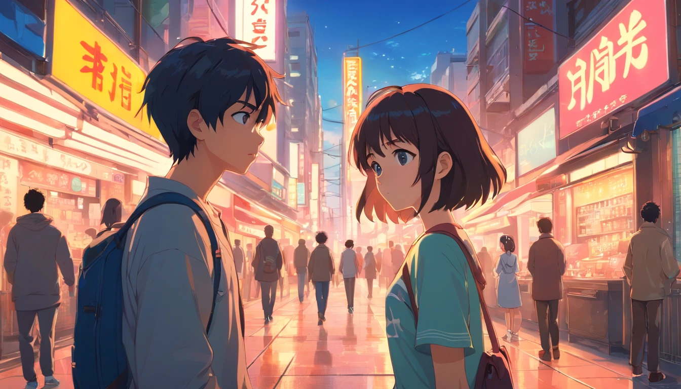 couple, 1 boy and 1 girl, A dark-haired, off-the-shoulders, Animated scene of street with neon signs and buildings, Lofi Hip Hop, lofi artstyle, lofi art, chillhop, zero, anime movie background, Koto no Hanoniwa, anime backgrounds, Lofi aesthetics, Wit Studio Animation, LoFi Album Art, Lopi Technology, Lopi Vibe, Lofi Feeling, Lopivibe、((masterpiece),(extremely detailed CG Unity 8k wallpapers)、Top Quality、、独奏、1Girl、cinematic lightings、detailed background、beautiful delicate eyes、bright pupils、(very delicate and beautiful.)、(Beautiful and detailed eye description)、extremely highly detailed、masterpiece、))