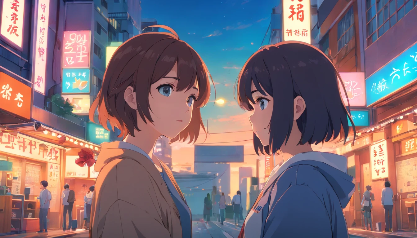 couple, 1 boy and 1 girl, A dark-haired, off-the-shoulders, Animated scene of street with neon signs and buildings, Lofi Hip Hop, lofi artstyle, lofi art, chillhop, zero, anime movie background, Koto no Hanoniwa, anime backgrounds, Lofi aesthetics, Wit Studio Animation, LoFi Album Art, Lopi Technology, Lopi Vibe, Lofi Feeling, Lopivibe、((masterpiece),(extremely detailed CG Unity 8k wallpapers)、Top Quality、、独奏、1Girl、cinematic lightings、detailed background、beautiful delicate eyes、bright pupils、(very delicate and beautiful.)、(Beautiful and detailed eye description)、extremely highly detailed、masterpiece、))