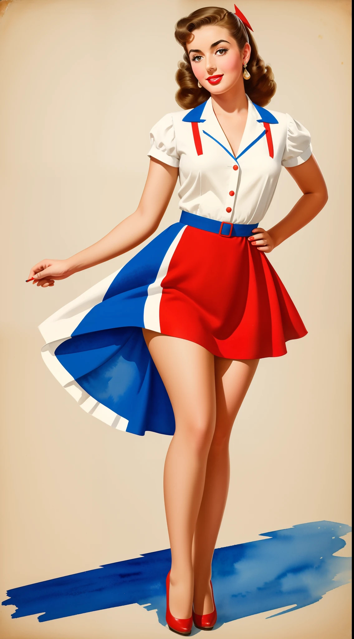 1950s Watercolor, Pen and Ink, 25 yo Ana de Armas in retro fashion, pin-up style, full body shot, depiction of rural life, light gray and light brown and red and white and blue, in the style of classical Americana, mottled, playful innocence, dotted, cutout from white background, in the style of Andrew Loomis, masterpiece art work,