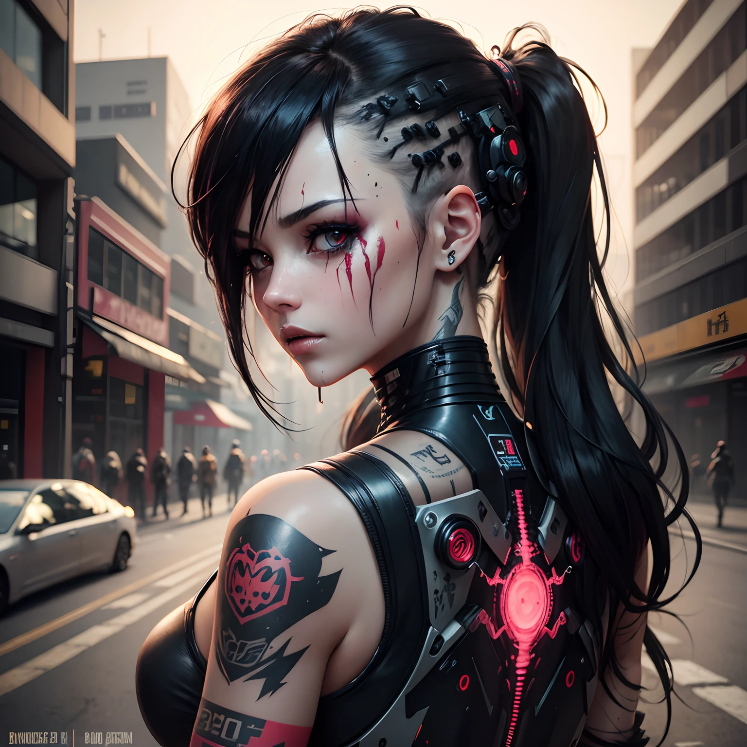 Cyberpunk, damged, robot, dead robot, wires, lose a part of her face in war, wires came out in the lose part of face, trashed, cyberpunk damged, trashed in a big garbge, black hair, tattoo on a part of her face, cyber tattoo, numbers, sexy girl tattoo on her sholder and neck. Japanis face girl, robot clothes with wires, painting style, vanvas texture, brush strokes, spider hug her from back, spider robot