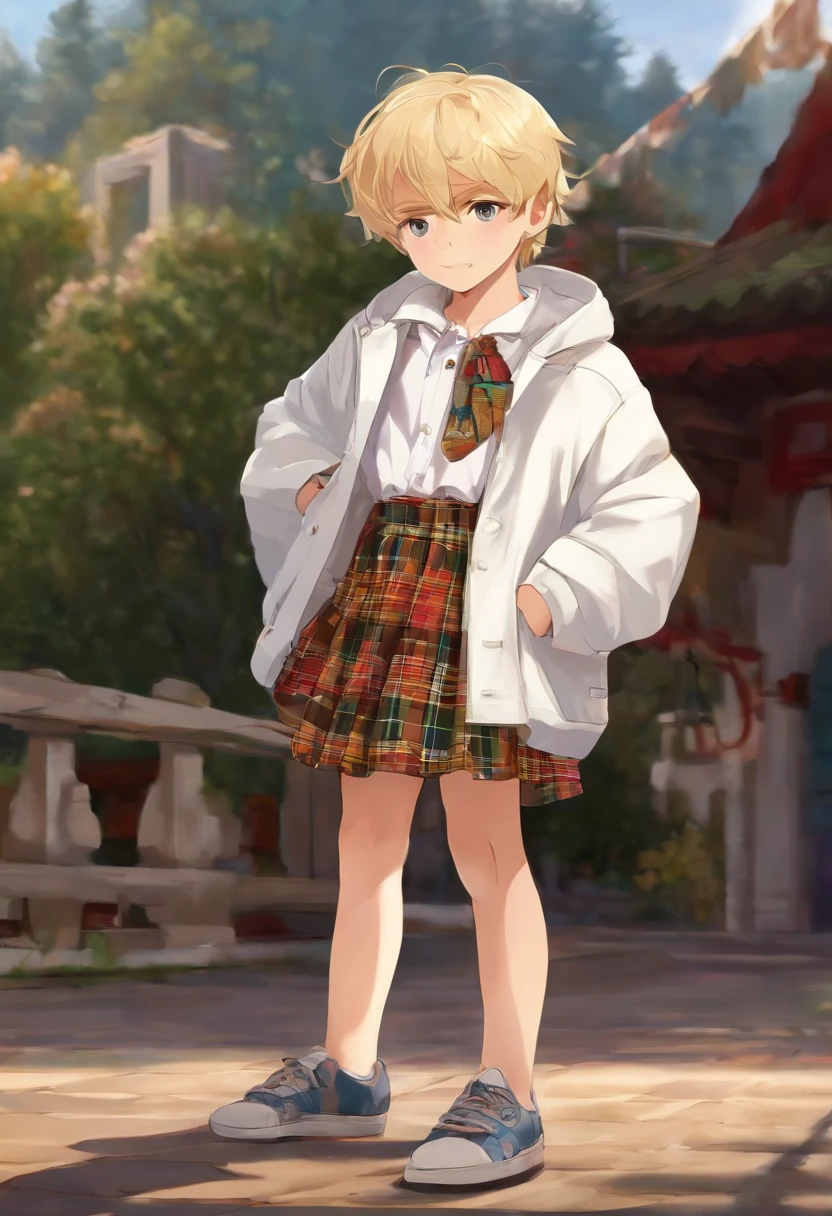 masutepiece, High quality, Young boy, Holds checked long skirt, digital camera, White jacket, Blonde, Facing forward, looking in camera, Full body, The center of the screen