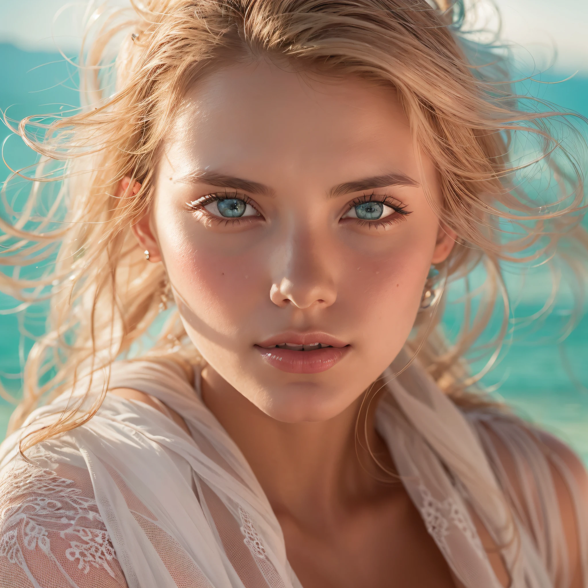 Deep Blue Eyes, long wavy golden hair, Slender and well-fitting body, Graceful posture, Confident smile, With a little mystery in her gaze, Reflection on the mirror-like surface of Salar de Uyuni, creating a dreamy and ethereal ambiance. The portrait captures every detail of her perfect complexion, With a subtle glow that emphasizes her radiant beauty. The transparency of her white bikini emphasizes her curves, Wet skin adds a hint of sensuality,The masterpiece exudes an aura of elegance and sophistication, Combine the natural elegance of women with enchanting landscapes, Forming the perfect harmony of artistry and realism. Lighting emphasizes the dimensions of the portrait, Enhance depth、Bring your subject to life. Photorealistic rendering、Expresses the delicate nuances of light and shadow, creating a captivating visual experience. in gentle shades of pink and orange,, Seamlessly blend with dreamy scenery. The attractiveness of Russian women, Captivate with a captivating presence,