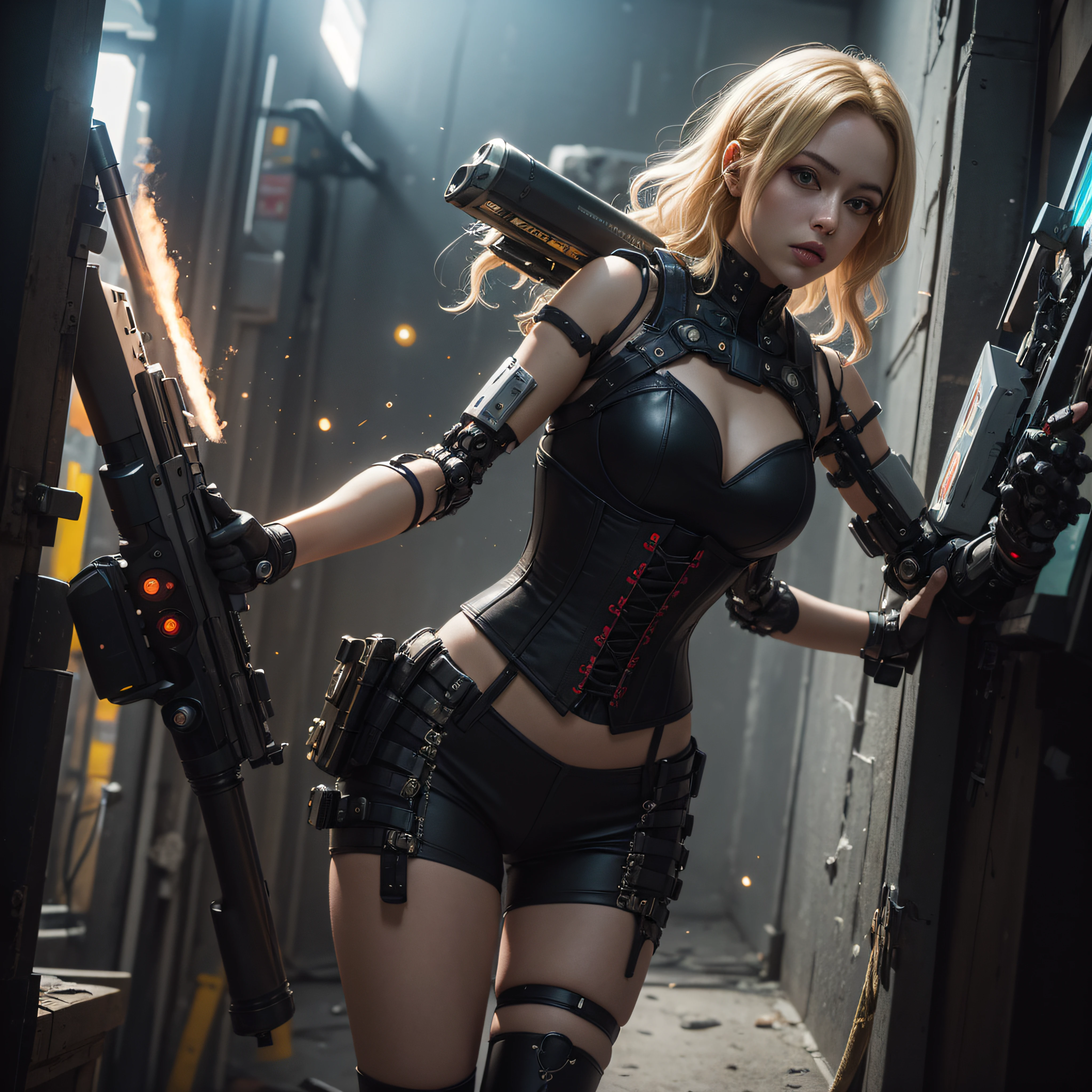 ((calidad superior)), ((obra maestra)), ((realista)), (Los detalles), (fotorrealista:1.5), Science-Fiction, HDR, Trazado de rayos, NVIDIA RTX, Los ultra-Highres, Irreal 5, Sub-Surface Scatterring, PBR texturizado, Post-procesamiento, Anisotropic filtering, Profundidad de campos, maximum sharpness and sharpness, Regla de los tercios、8K RAW、(Luminescent Particles:1.4)、(super-detailed CG、Unidad 8k Fondos de pantalla、lighting like a movie、destello de lente、foco nítido. Blonde girl with corset, Robotic Parts, Cannon fire, guerra urbana, Armas, pistola, Arte cyberpunk、arquitectura cyberpunk
