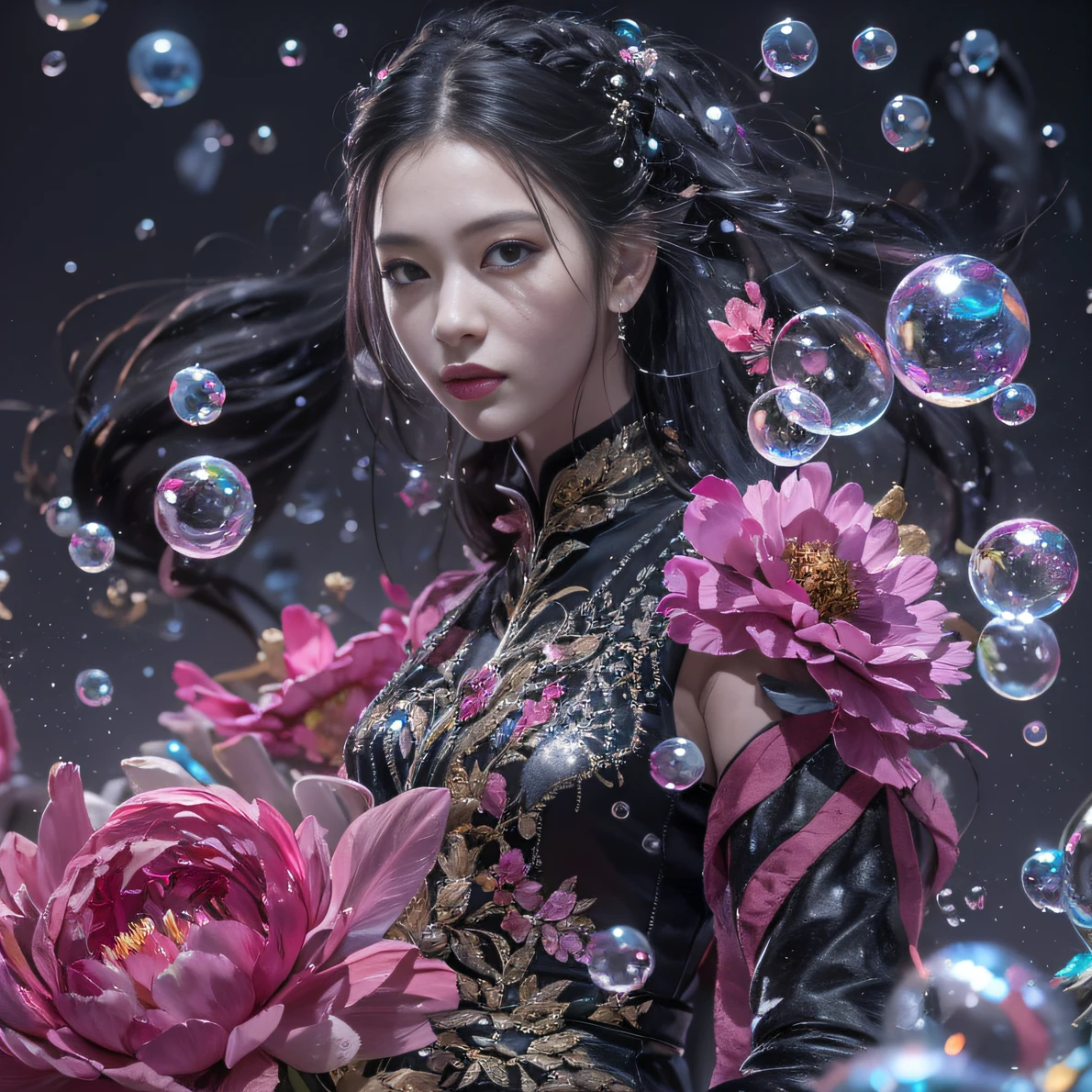 32K(tmasterpiece,k hd,hyper HD,32K)Black-braid fairy,Flowing bubbles,ponds,zydink, a color(Black braided student), (Colorful bubbles), Combat posture, looking at the ground, Large rolls of rouge bubbles,Black braids,Silk platinum crystal tiara, Chinese long-sleeved black gold garment, Black braids(Abstract water splash:1.2), Pink peony flower background,Buble(realisticlying:1.4),Cooking with gas,Gradient background is pure, A high resolution, the detail, RAW photogr, Sharp Re, Nikon D850 Film Stock Photo by Jefferies Lee 4 Kodak Portra 400 Camera F1.6 shots, Rich colors, ultra-realistic vivid textures, Dramatic lighting, Unreal Engine Art Station Trend, cinestir 800,Flowing snowflakes,Colored bubbles that refract light