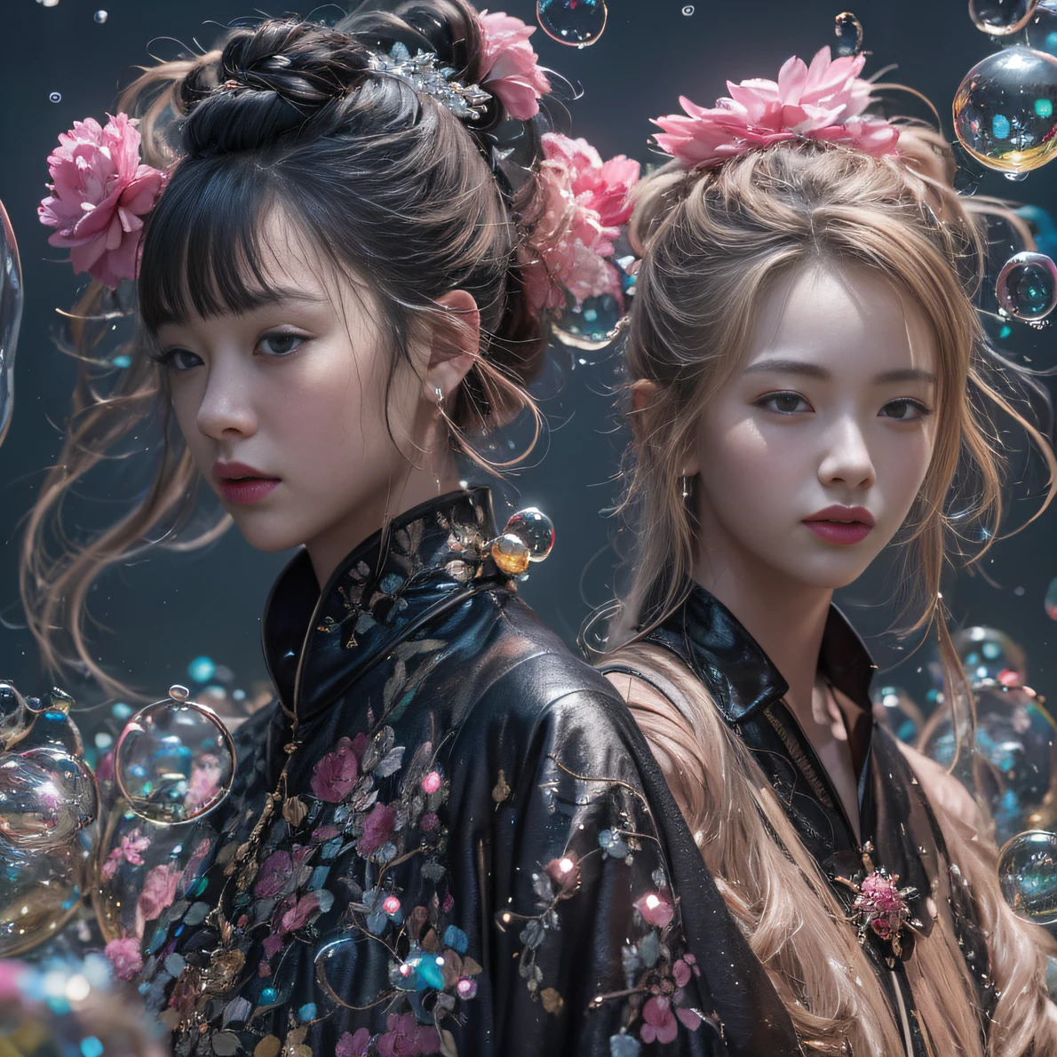 32K(tmasterpiece,k hd,hyper HD,32K)Black-braid fairy,Flowing bubbles,ponds,zydink, a color(Black braided student), (Colorful bubbles), Combat posture, looking at the ground, Large rolls of rouge bubbles,Black braids,Silk platinum crystal tiara, Chinese long-sleeved black gold garment, Black braids(Abstract water splash:1.2), Pink peony flower background,Buble(realisticlying:1.4),Cooking with gas,The gradient background is pure, A high resolution, the detail, RAW photogr, Sharp Re, Nikon D850 Film Stock Photo by Jefferies Lee 4 Kodak Portra 400 Camera F1.6 shots, Rich colors, ultra-realistic vivid textures, Dramatic lighting, Unreal Engine Art Station Trend, cinestir 800,Flowing snowflakes,Colored bubbles that refract light