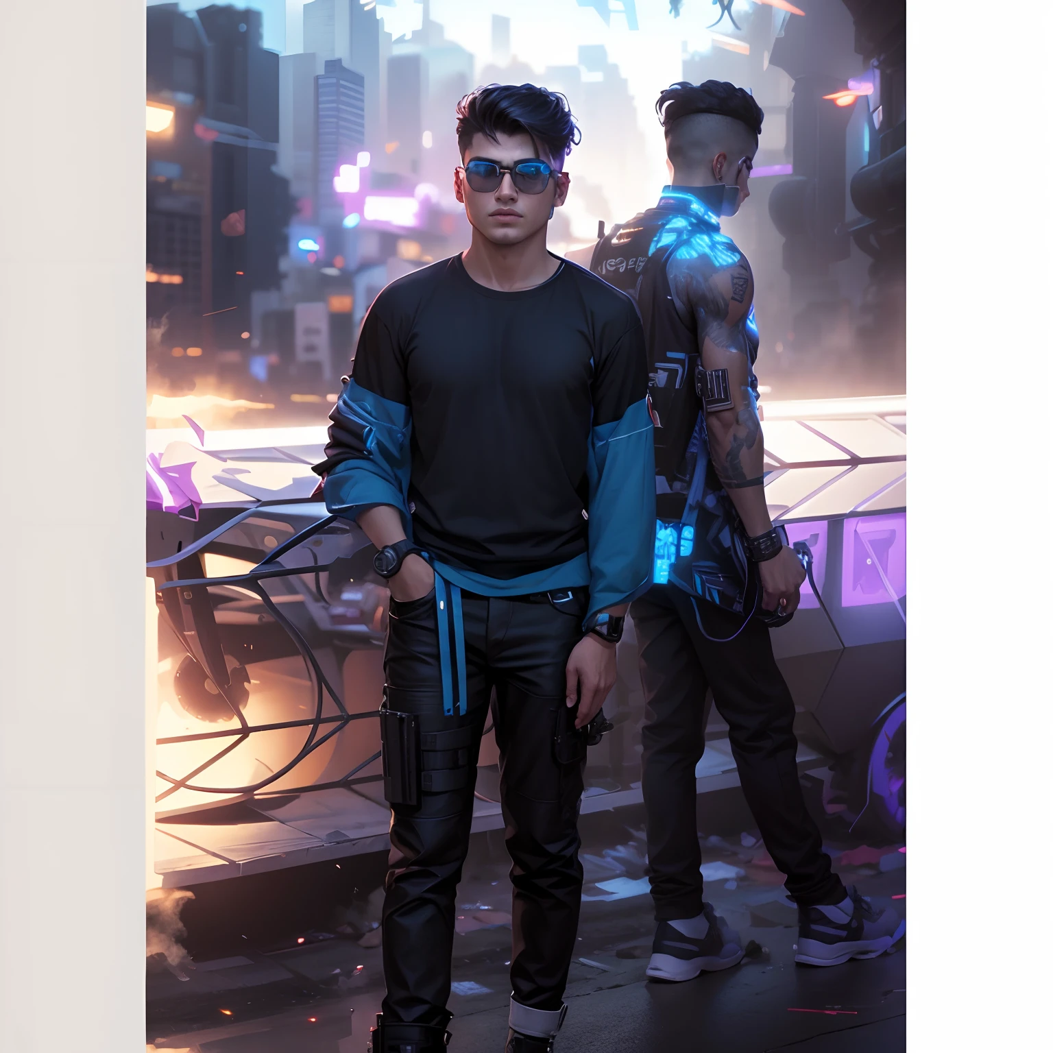 Change background cyberpunk handsome boy, realistic fan, sa, ultra realistic
